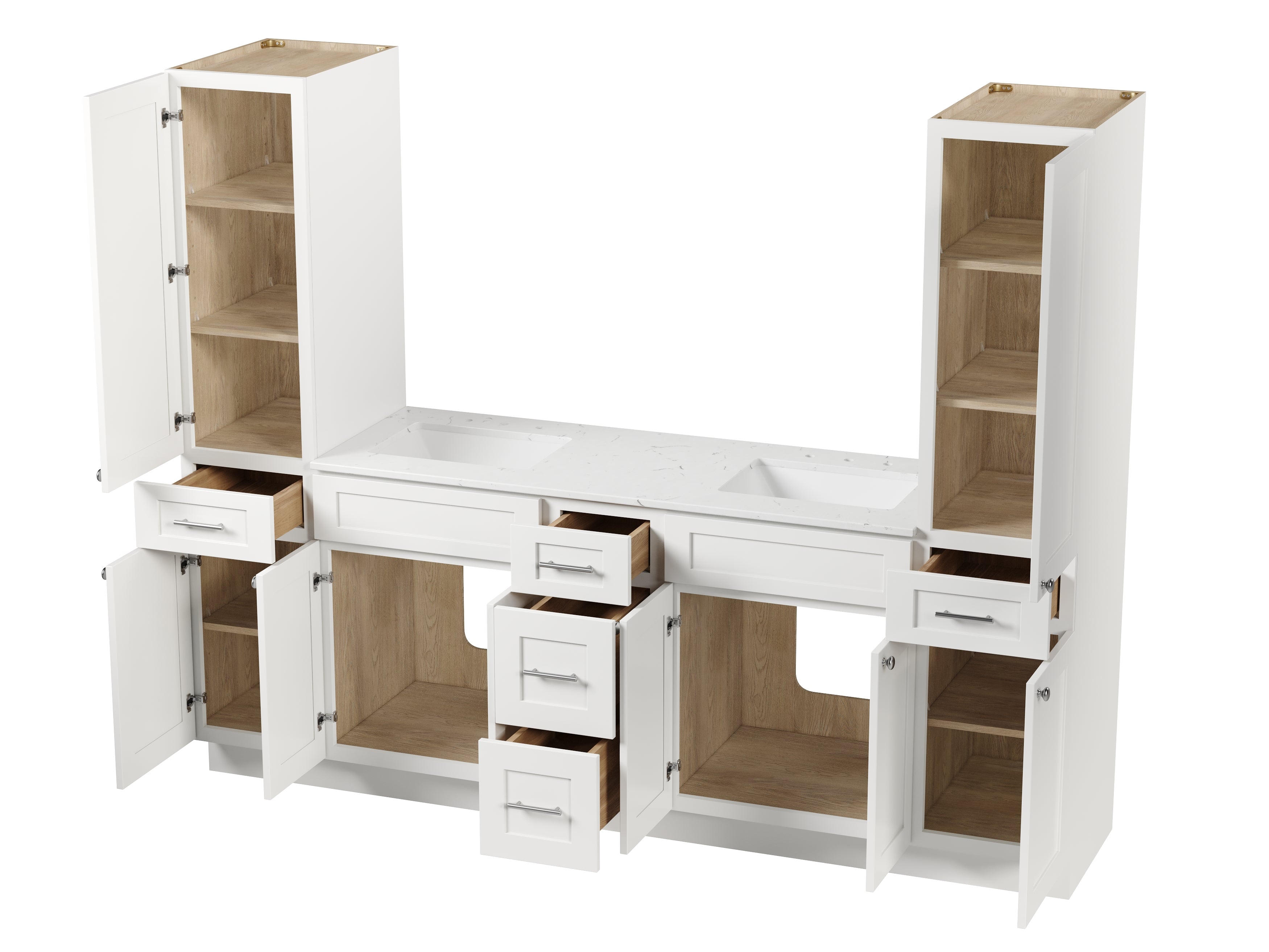 Disar 90'' Double Bathroom Vanity With Linen Tall Cabinet Shaker Dovetail Solid Wood Drawer Carrara Quartz Top