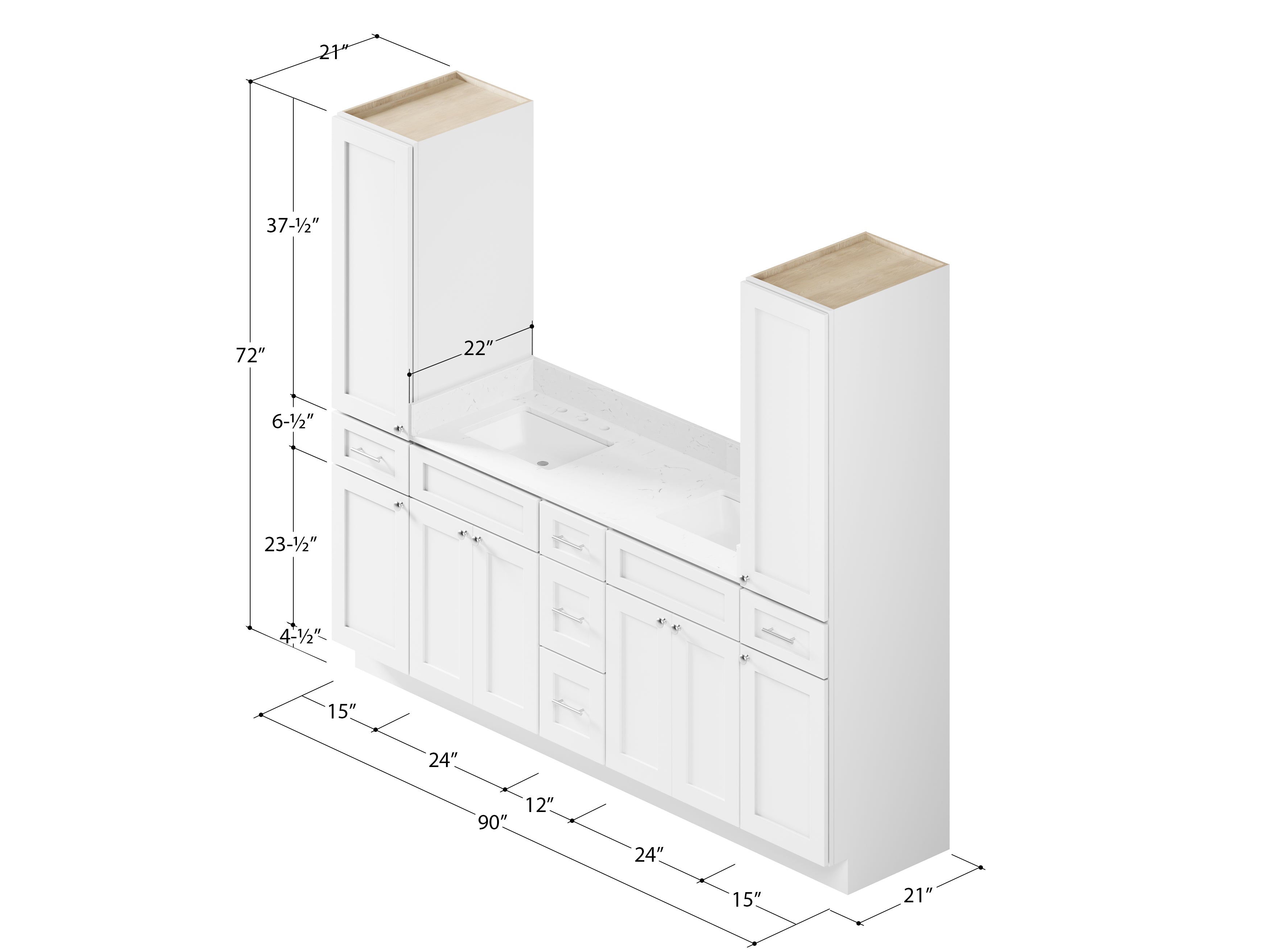 Disar 90'' Double Bathroom Vanity With Linen Tall Cabinet Shaker Dovetail Solid Wood Drawer Carrara Quartz Top