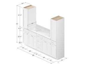 Disar 90'' Double Bathroom Vanity With Linen Tall Cabinet Shaker Dovetail Solid Wood Drawer Carrara Quartz Top