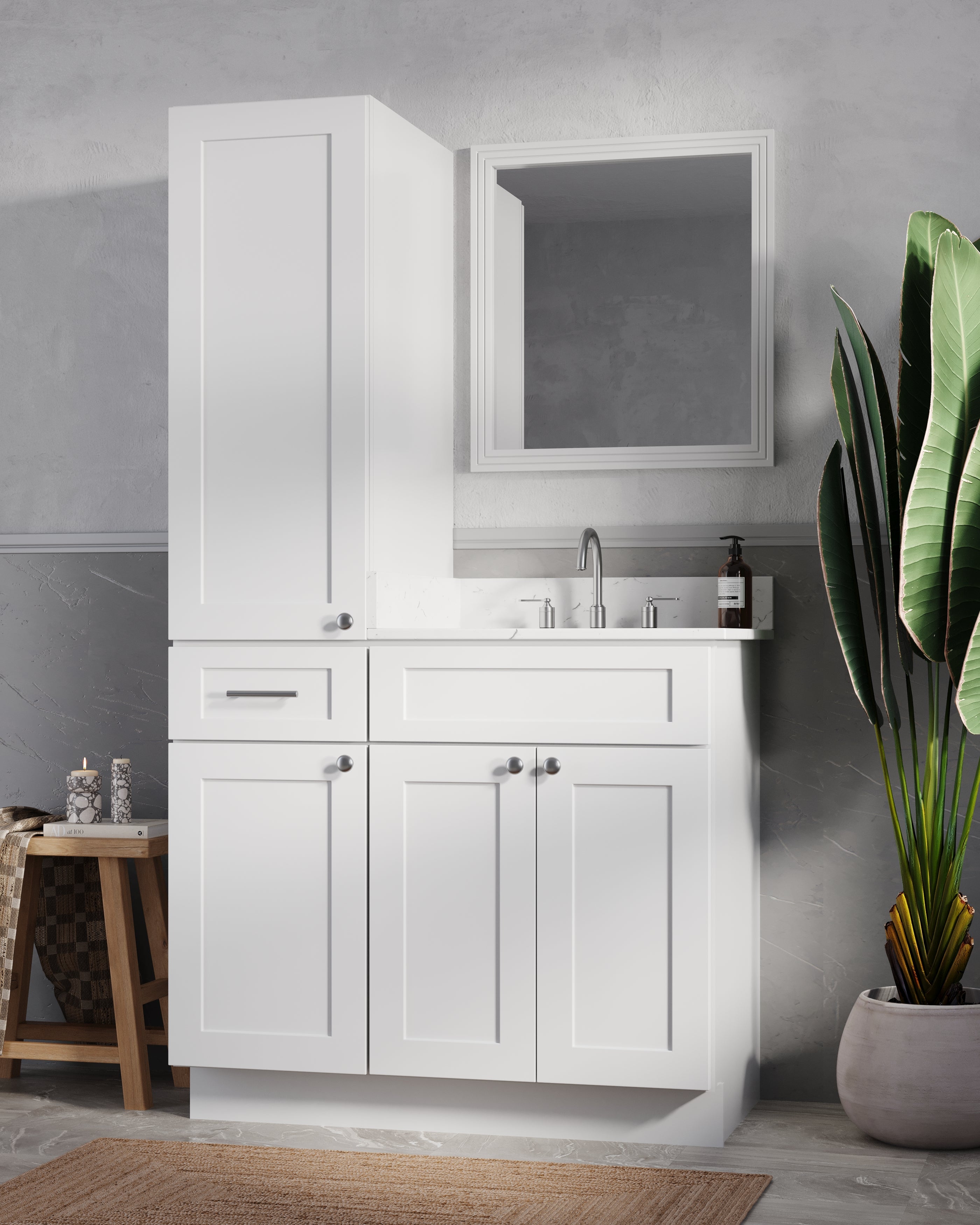 Disar 39'' Single Bathroom Vanity With Left Linen Tall Cabinet Dovetail Solid Wood Drawer Carrara Quartz Top