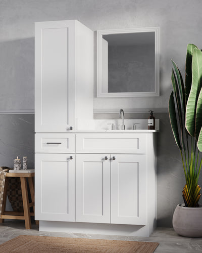 [color:White] 39'' Single Bathroom Vanity With Left Linen Tall Cabinet, Quartz Top - front view