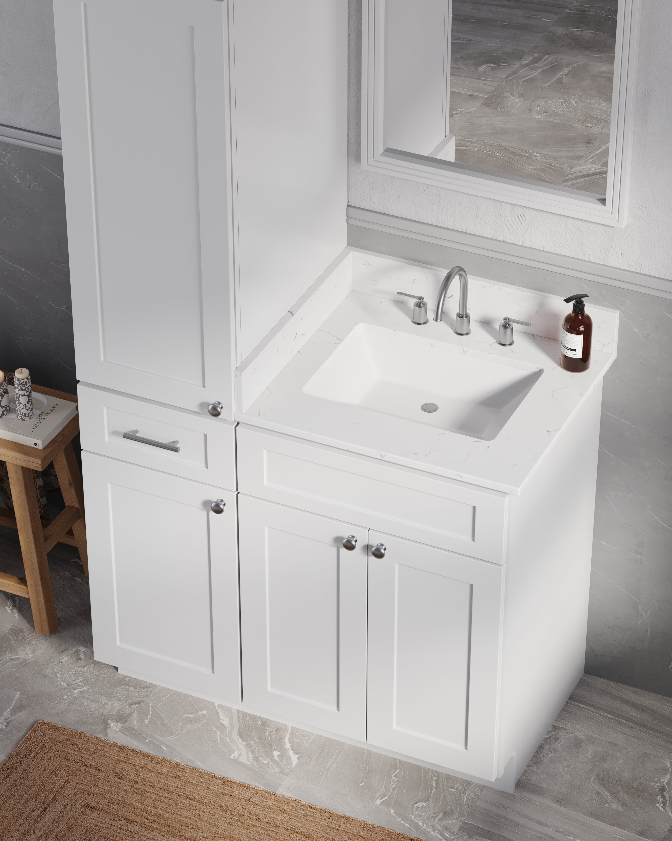 Disar 39'' Single Bathroom Vanity With Left Linen Tall Cabinet Dovetail Solid Wood Drawer Carrara Quartz Top