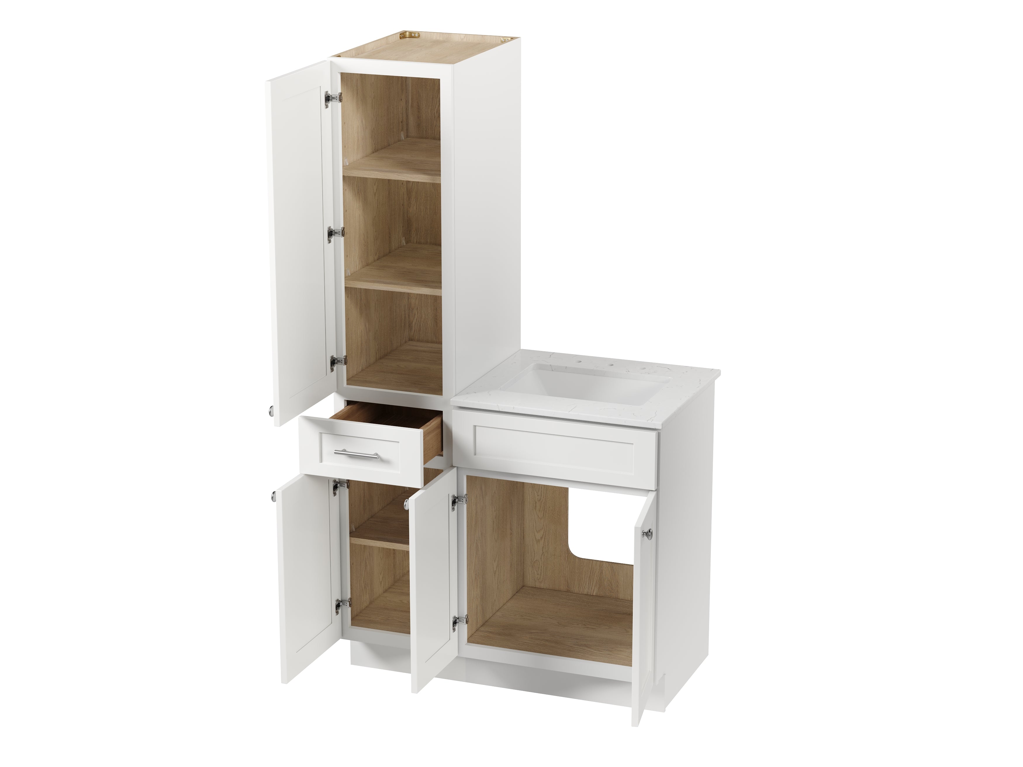 Disar 39'' Single Bathroom Vanity With Left Linen Tall Cabinet Dovetail Solid Wood Drawer Carrara Quartz Top