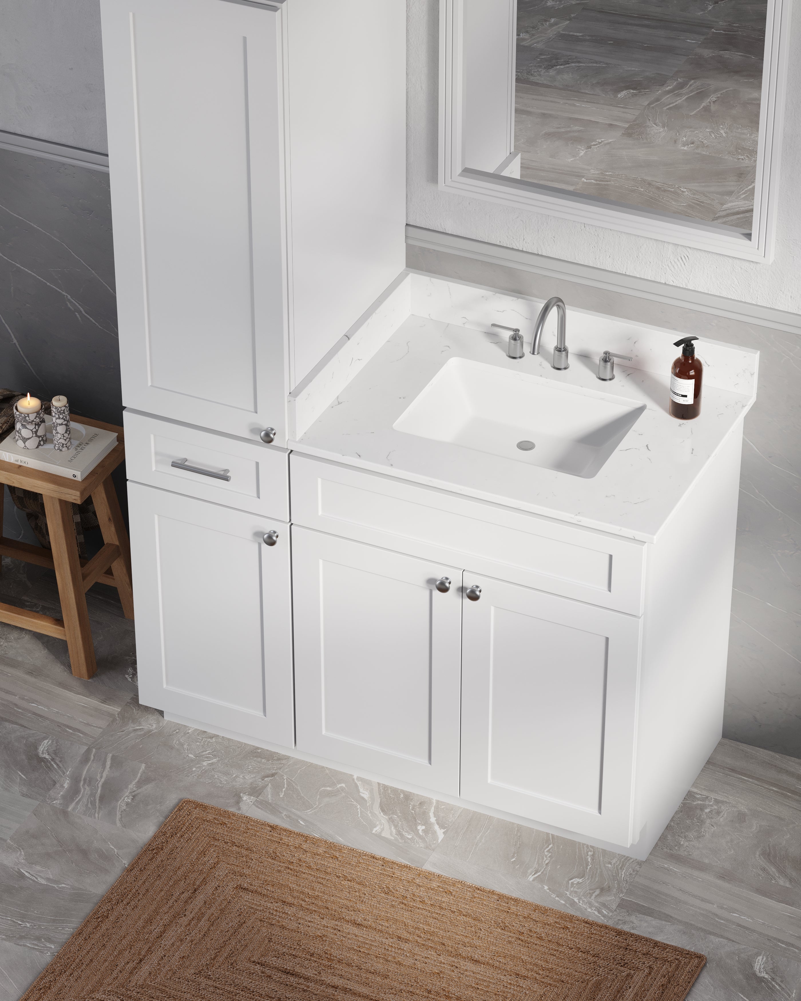 Disar 45' Single Bathroom Vanity With Left Linen Tall Cabinet Dovetail Solid Wood Drawer Carrara Quartz Top