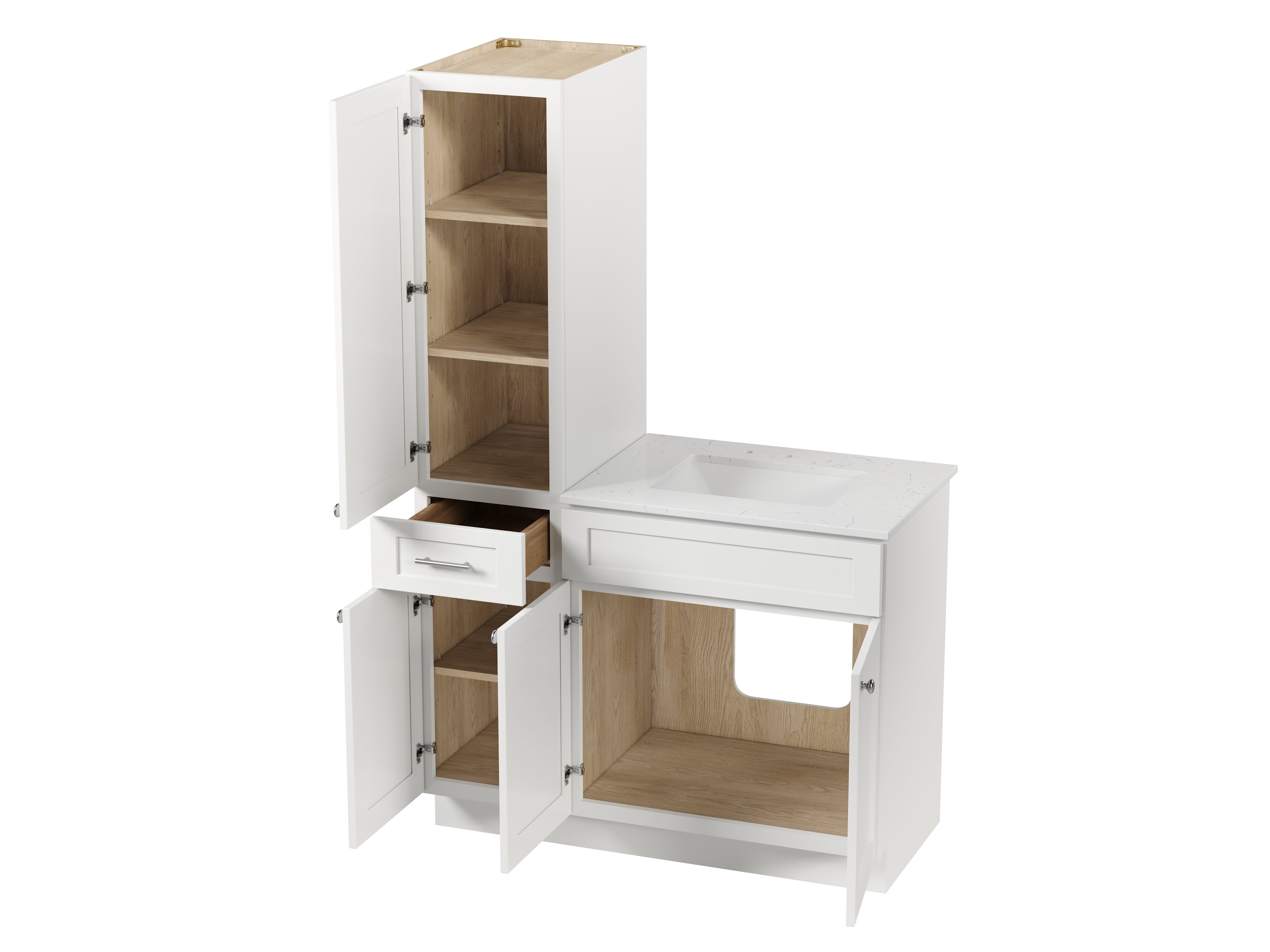 Disar 45' Single Bathroom Vanity With Left Linen Tall Cabinet Dovetail Solid Wood Drawer Carrara Quartz Top