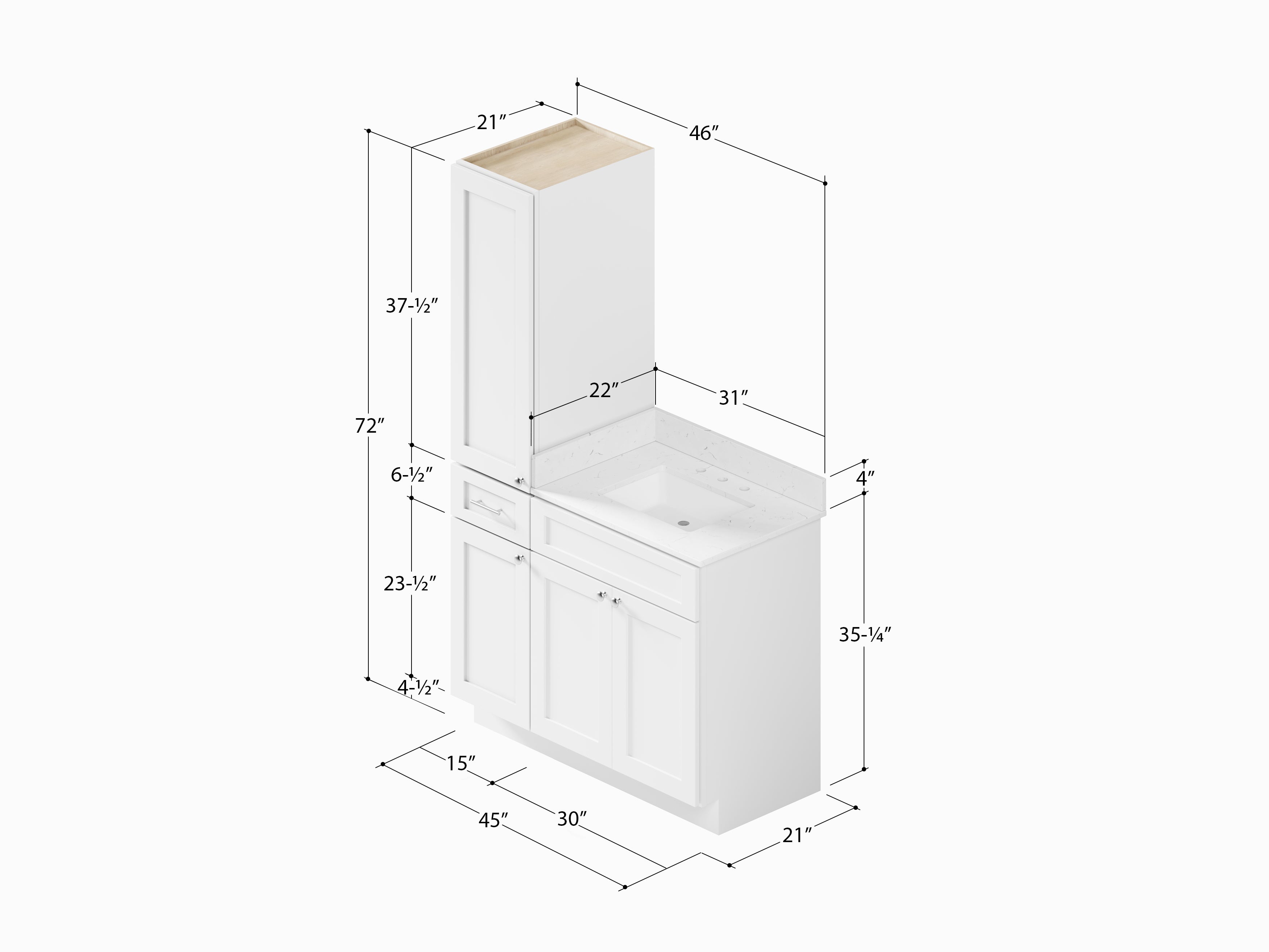 Disar 45' Single Bathroom Vanity With Left Linen Tall Cabinet Dovetail Solid Wood Drawer Carrara Quartz Top