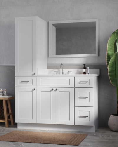 [color:White] 51' Single Bathroom Vanity With Left Linen Tall Cabinet, Quartz Top - front view