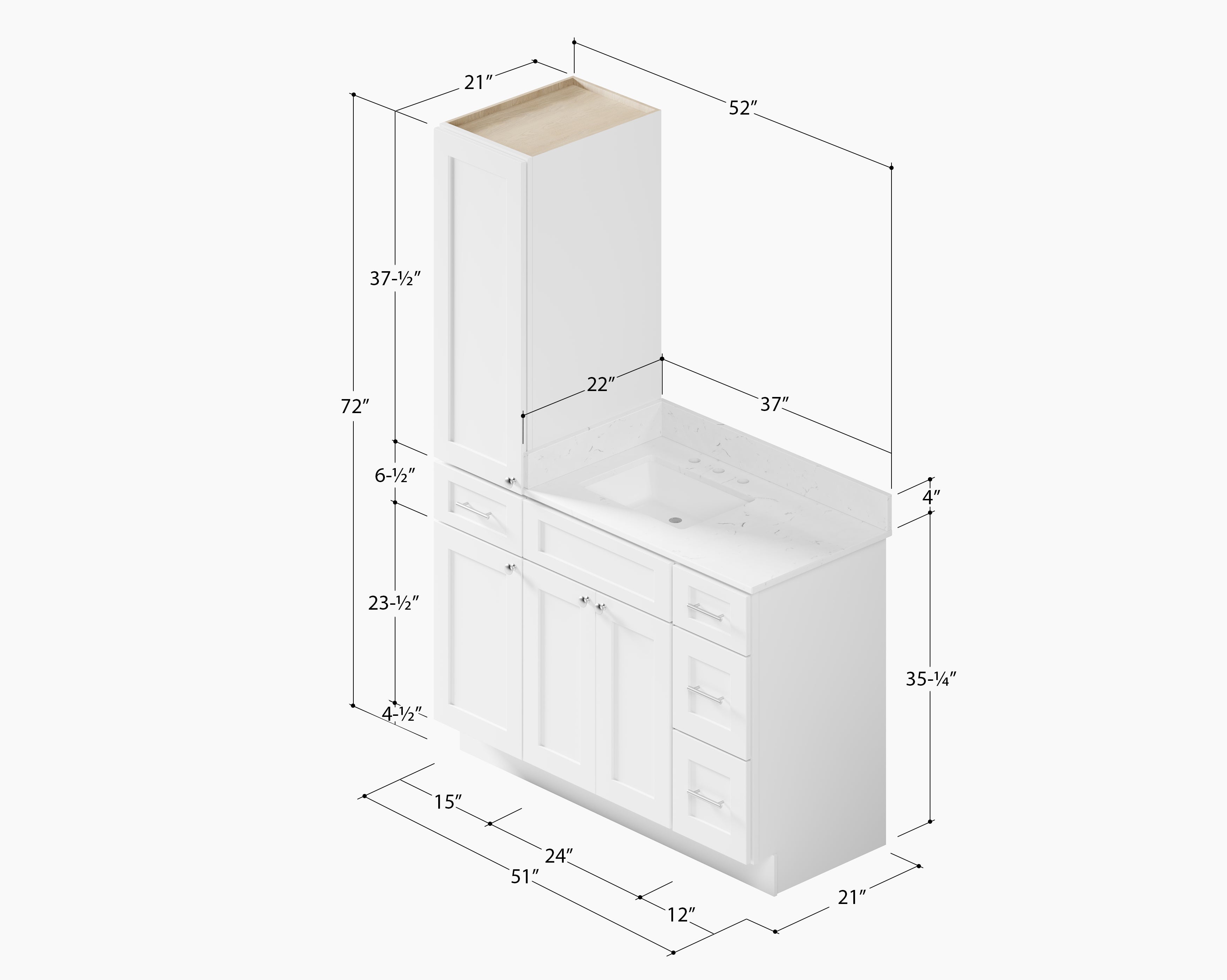 Disar 51' Single Bathroom Vanity With Left Linen Tall Cabinet Dovetail Solid Wood Drawer Carrara Quartz Top
