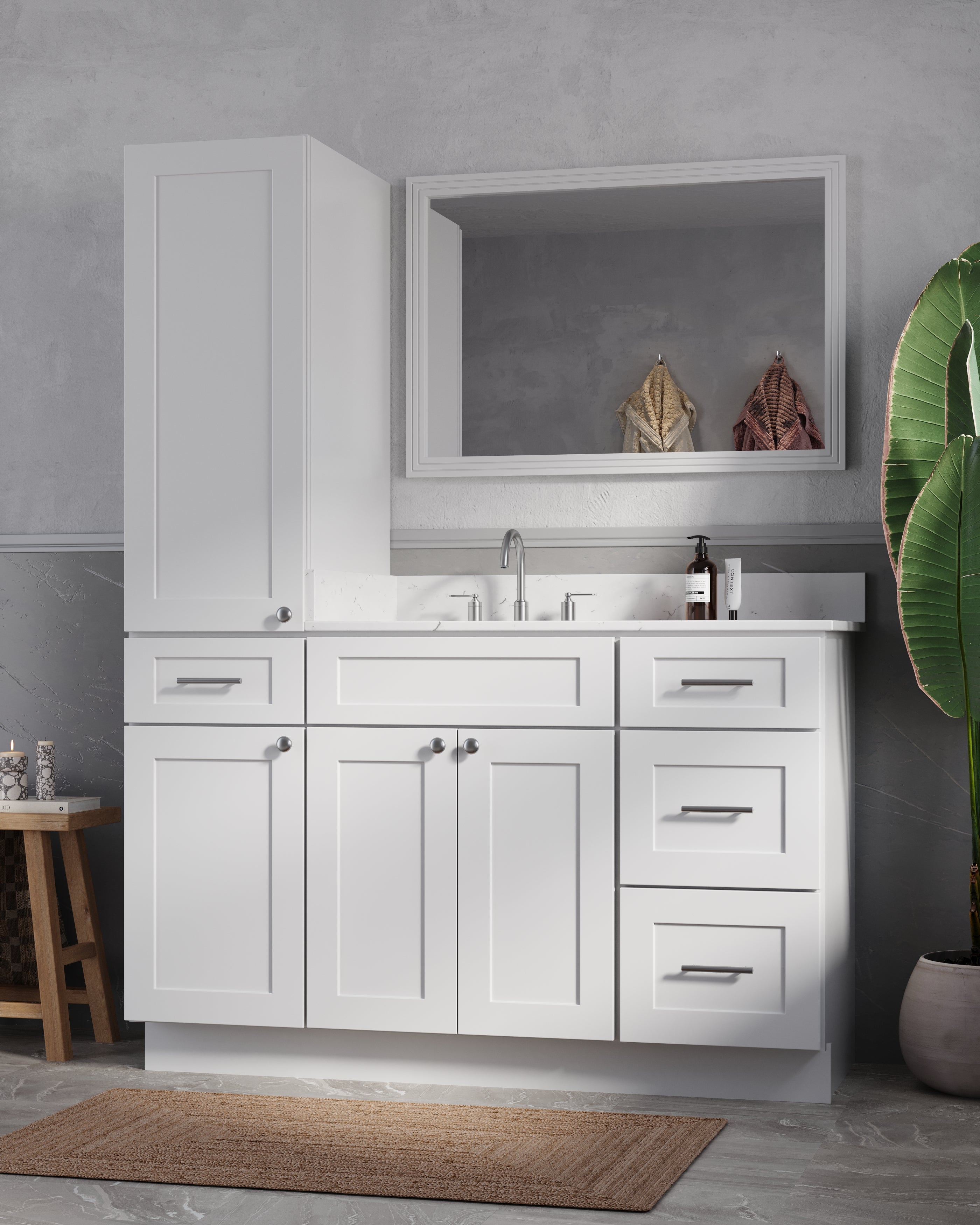 Disar 54' Single Bathroom Vanity With Left Linen Tall Cabinet Dovetail Solid Wood Drawer Carrara Quartz Top