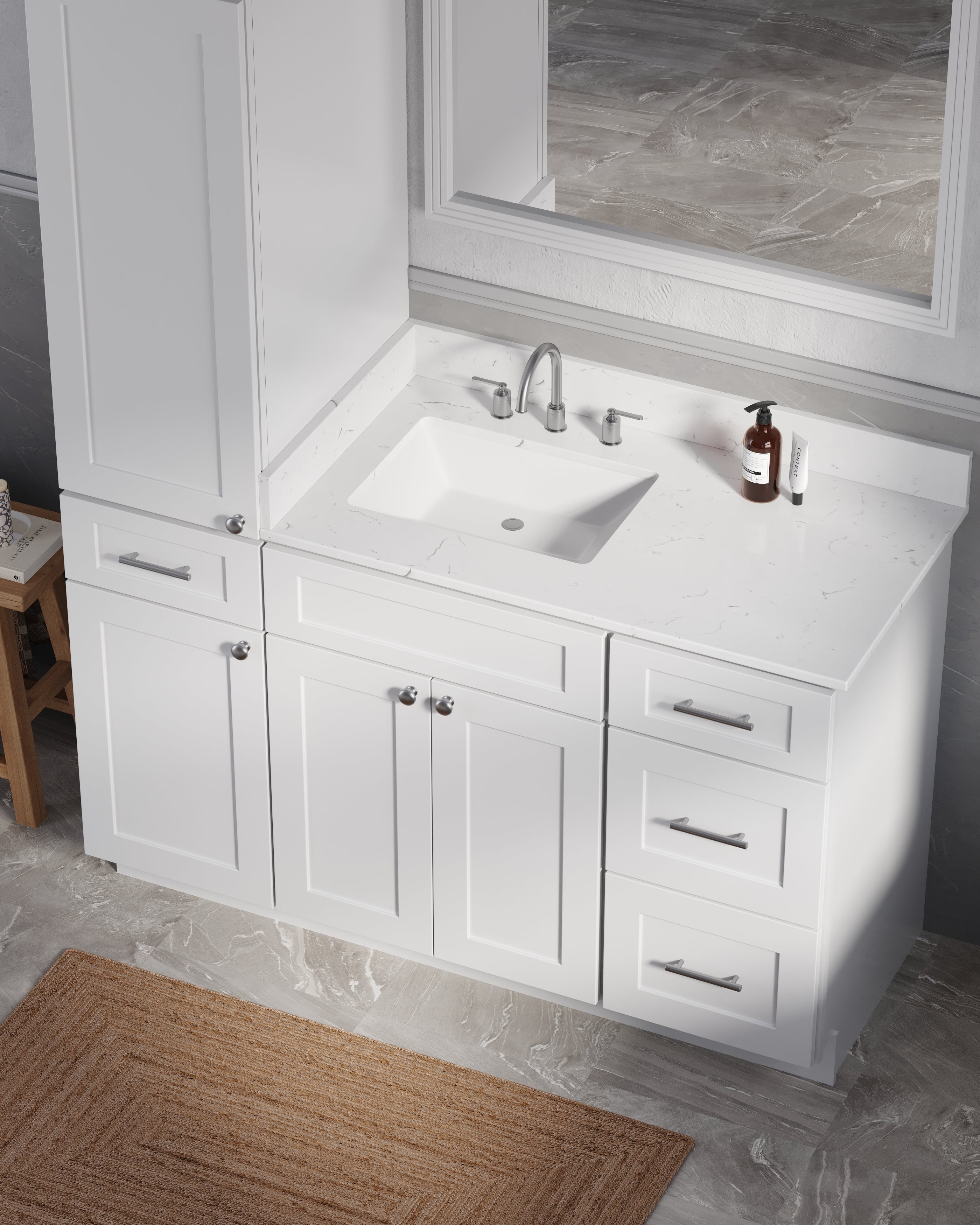 Disar 54' Single Bathroom Vanity With Left Linen Tall Cabinet Dovetail Solid Wood Drawer Carrara Quartz Top