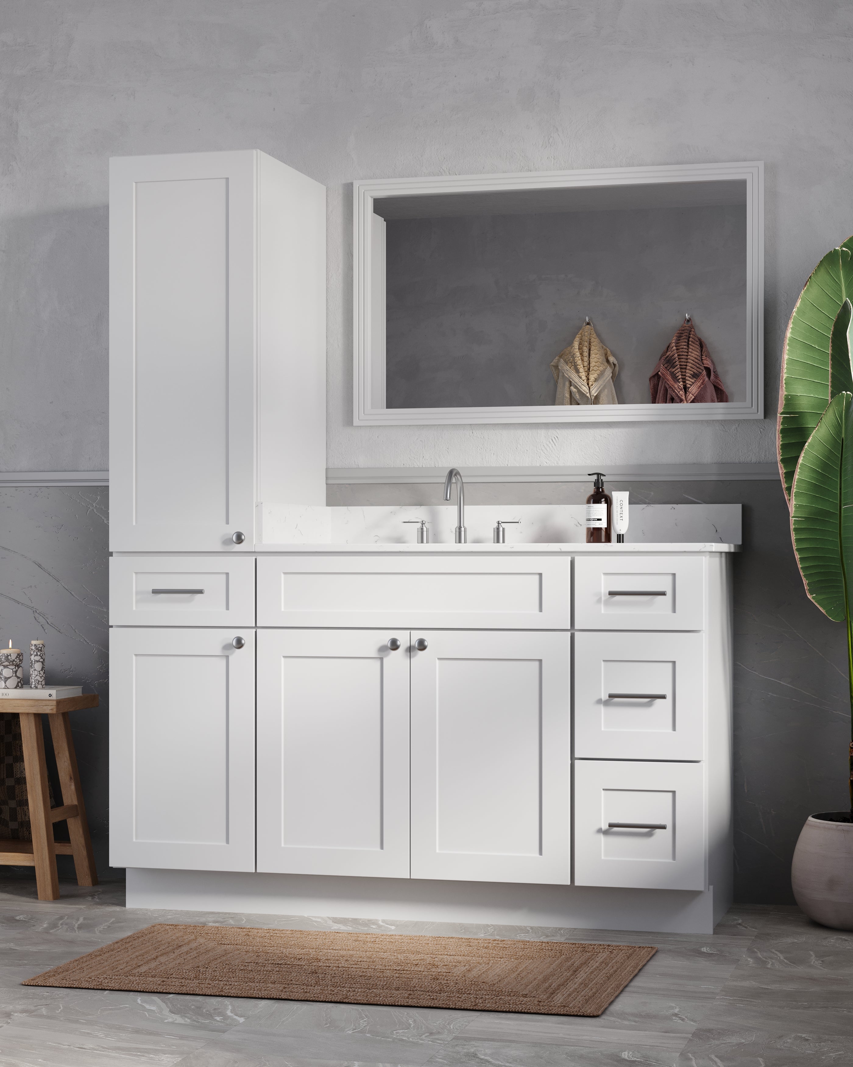 Disar 57" Single Bathroom Vanity With Left Linen Tall Cabinet Dovetail Solid Wood Drawer Carrara Quartz Top