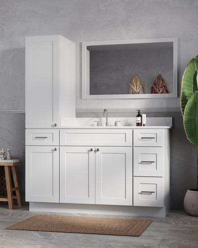 [color:White] 57" Single Bathroom Vanity With Left Linen Tall Cabinet, Quartz Top - front view