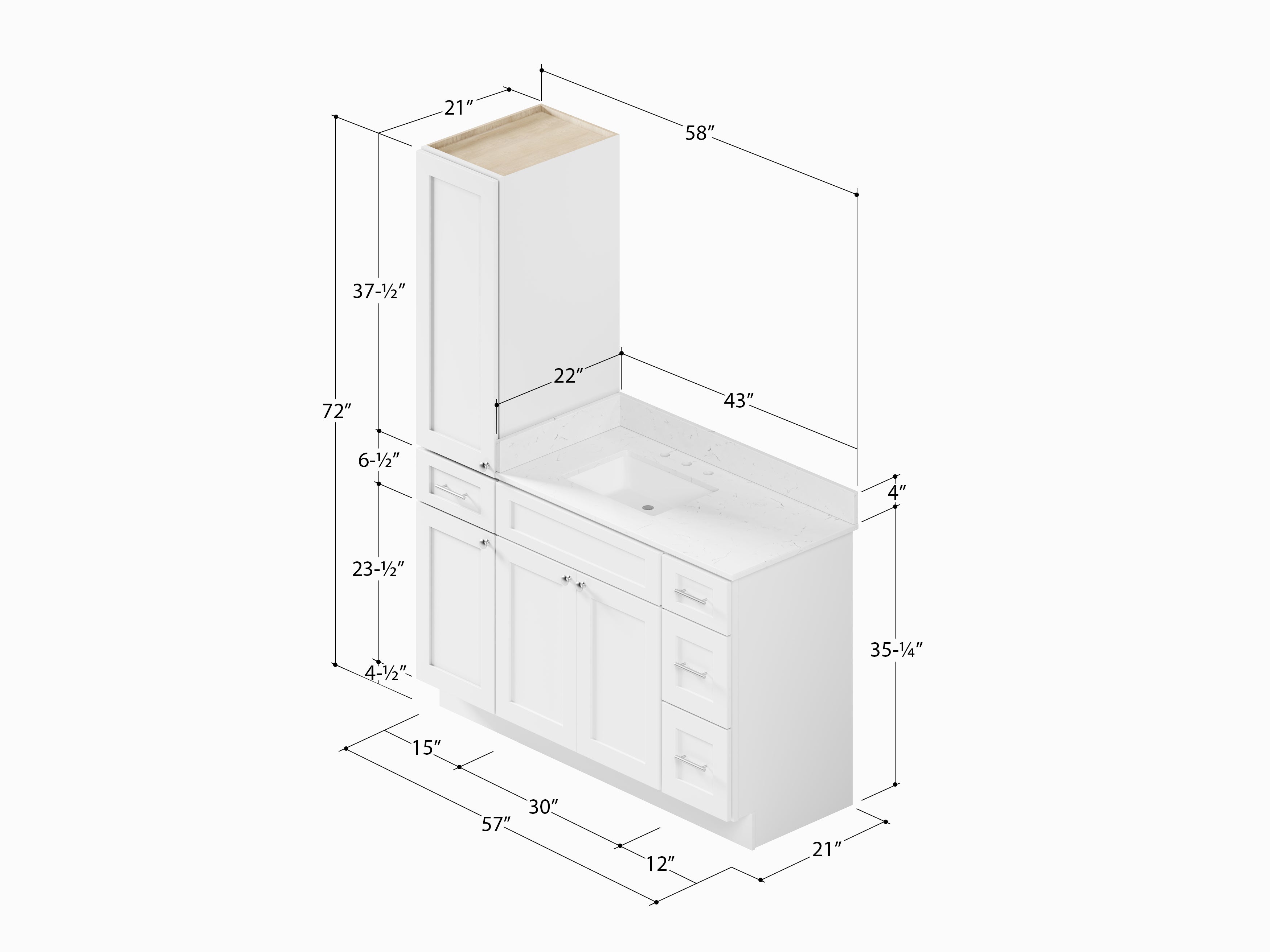 Disar 57" Single Bathroom Vanity With Left Linen Tall Cabinet Dovetail Solid Wood Drawer Carrara Quartz Top