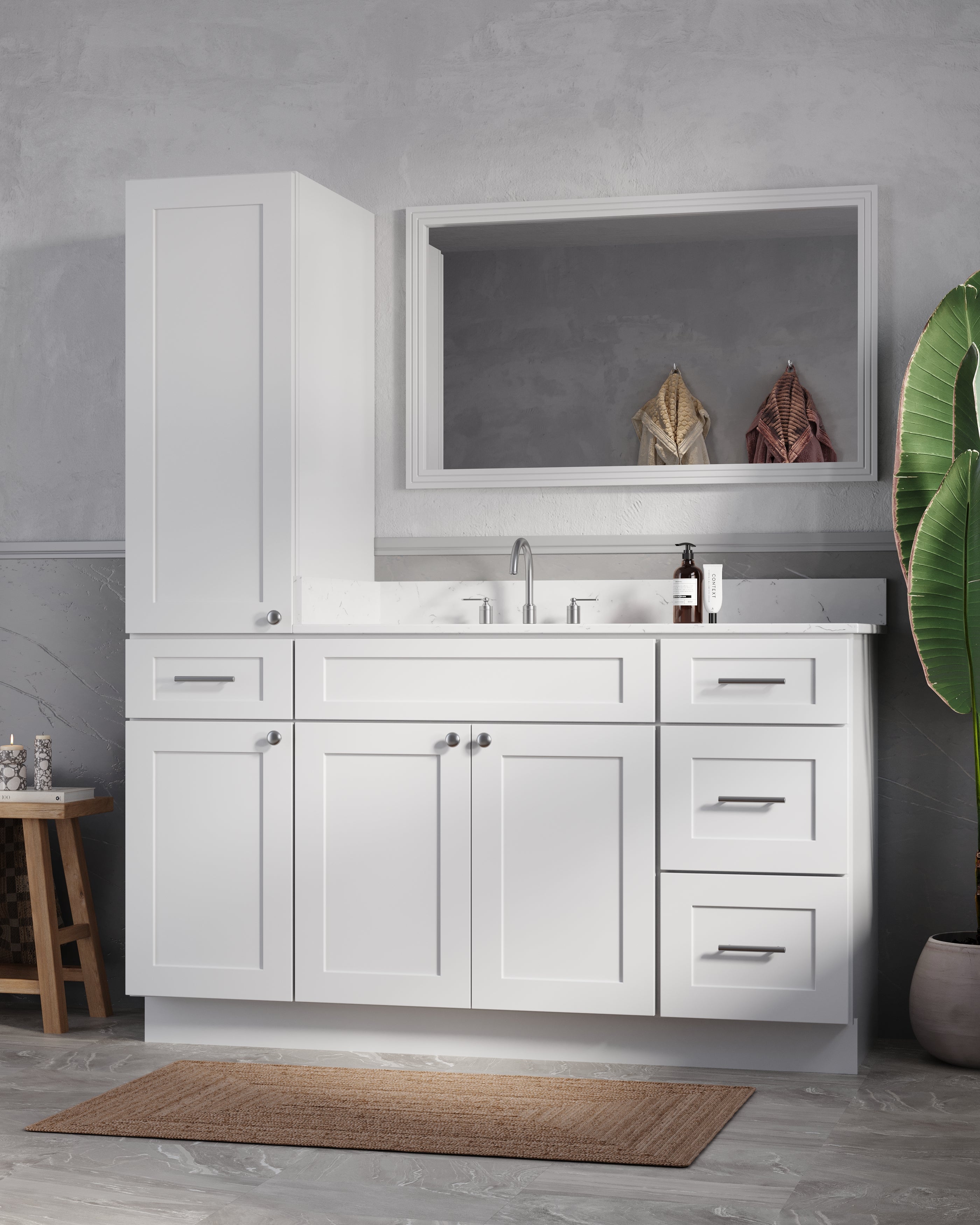 Disar 60' Single Bathroom Vanity With Left Linen Tall Cabinet Dovetail Solid Wood Drawer Carrara Quartz Top