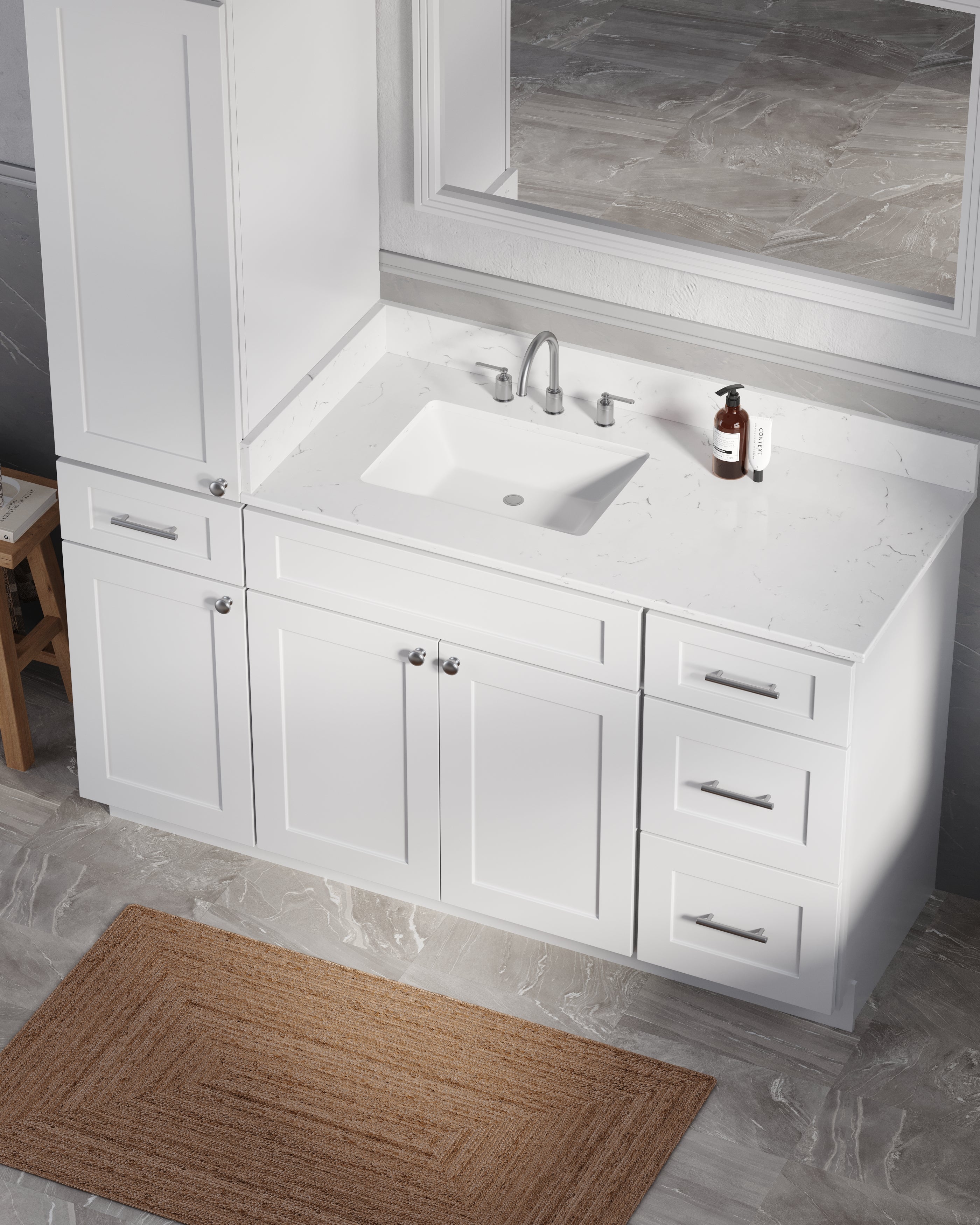 Disar 60' Single Bathroom Vanity With Left Linen Tall Cabinet Dovetail Solid Wood Drawer Carrara Quartz Top