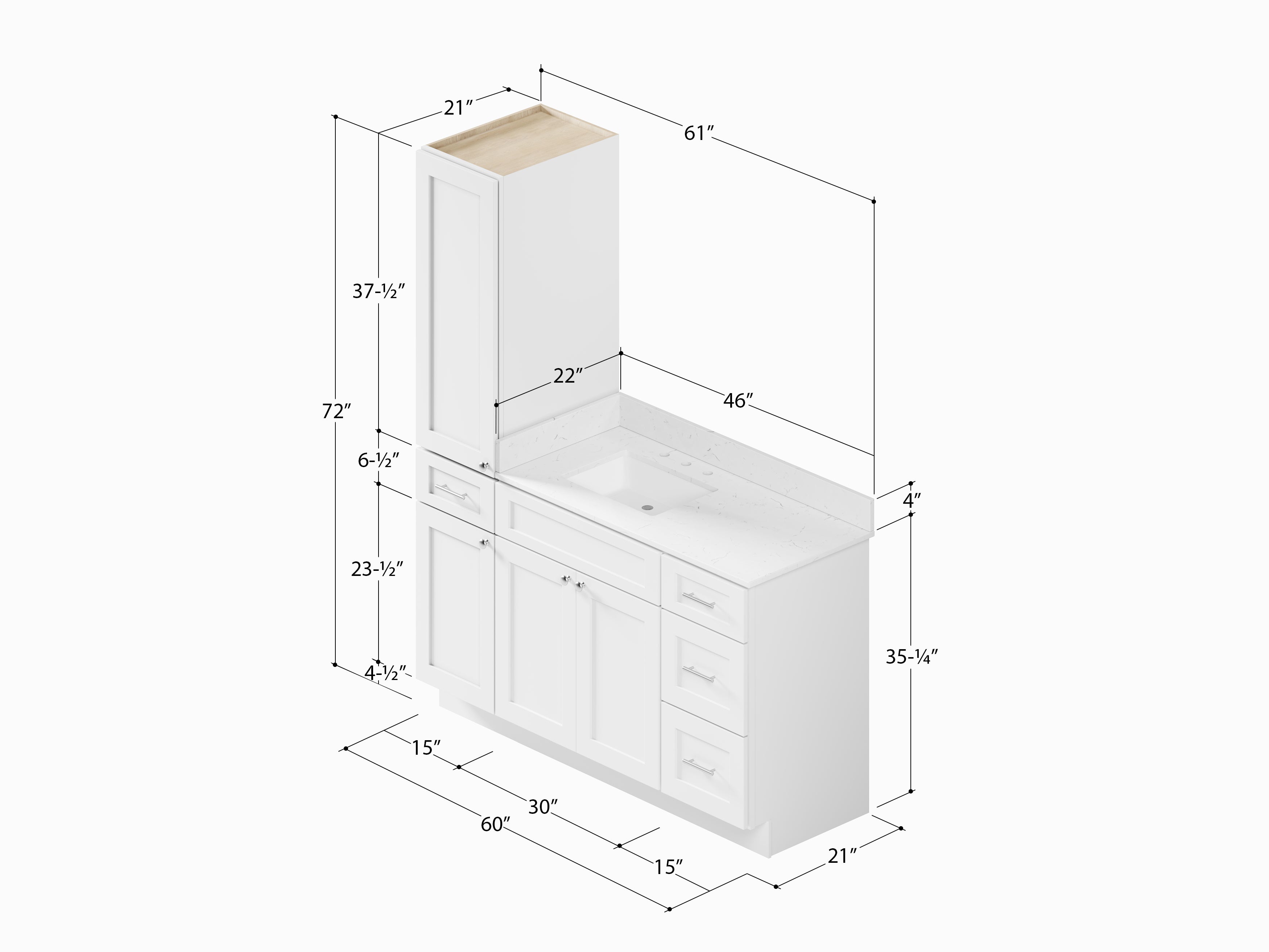 Disar 60'' Single Bathroom Vanity With Right Linen Tall Cabinet Dovetail Solid Wood Drawer Carrara Quartz Top