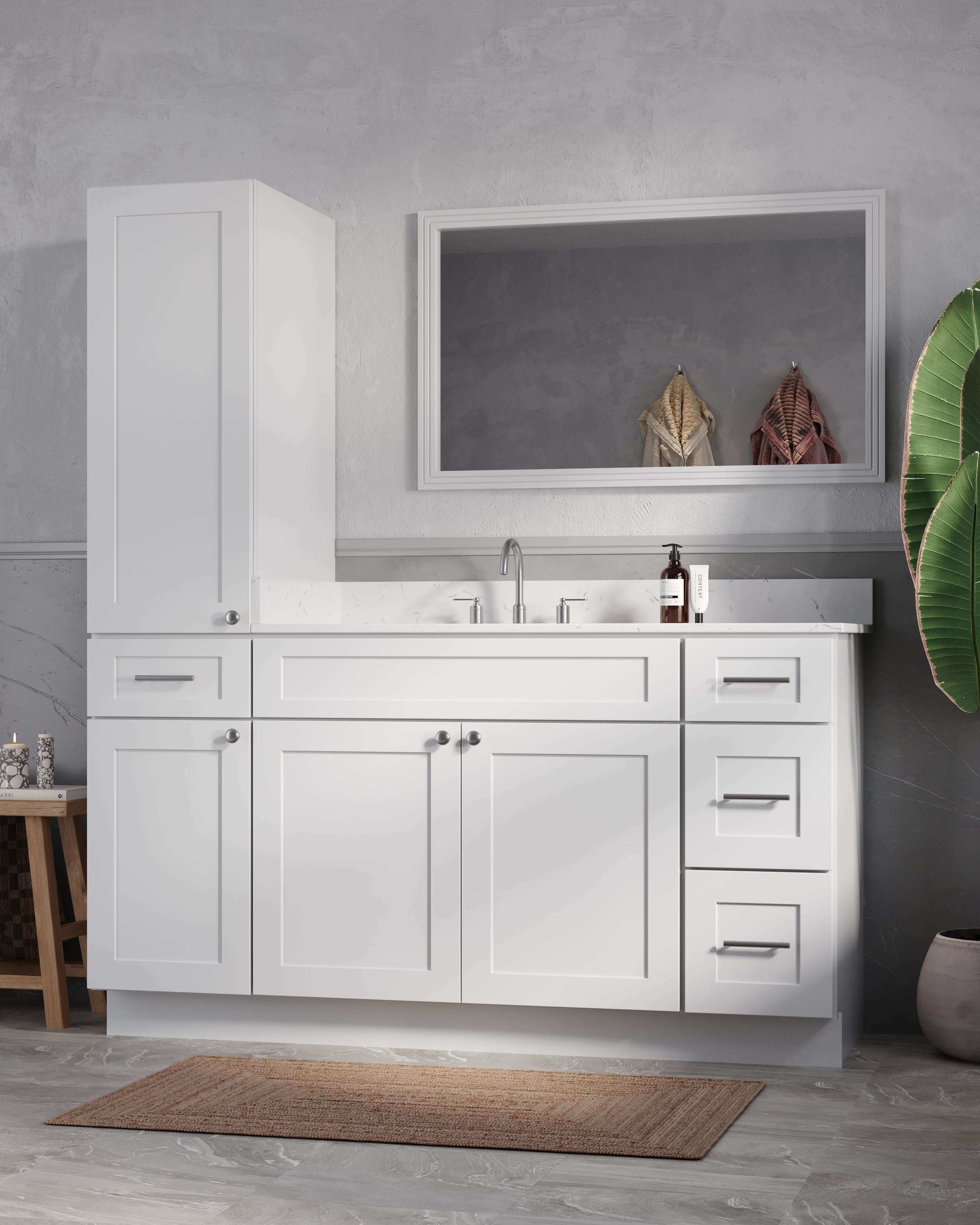 Disar 63'' Single Bathroom Vanity With Left Linen Tall Cabinet Dovetail Solid Wood Drawer Carrara Quartz Top