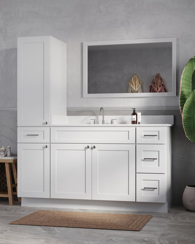 [color:White] 63'' Single Bathroom Vanity With Left Linen Tall Cabinet, Quartz Top - front view