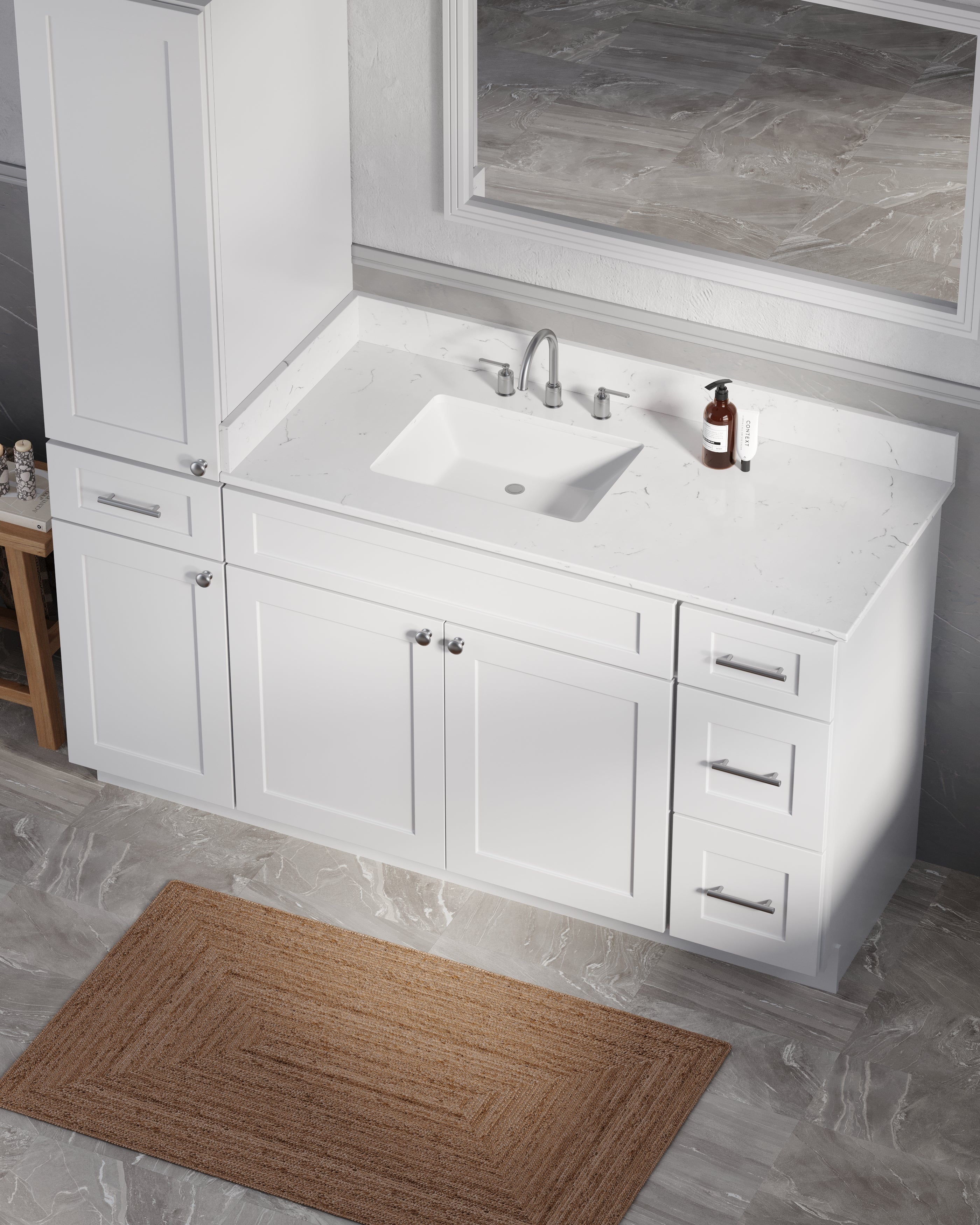 Disar 63'' Single Bathroom Vanity With Left Linen Tall Cabinet Dovetail Solid Wood Drawer Carrara Quartz Top