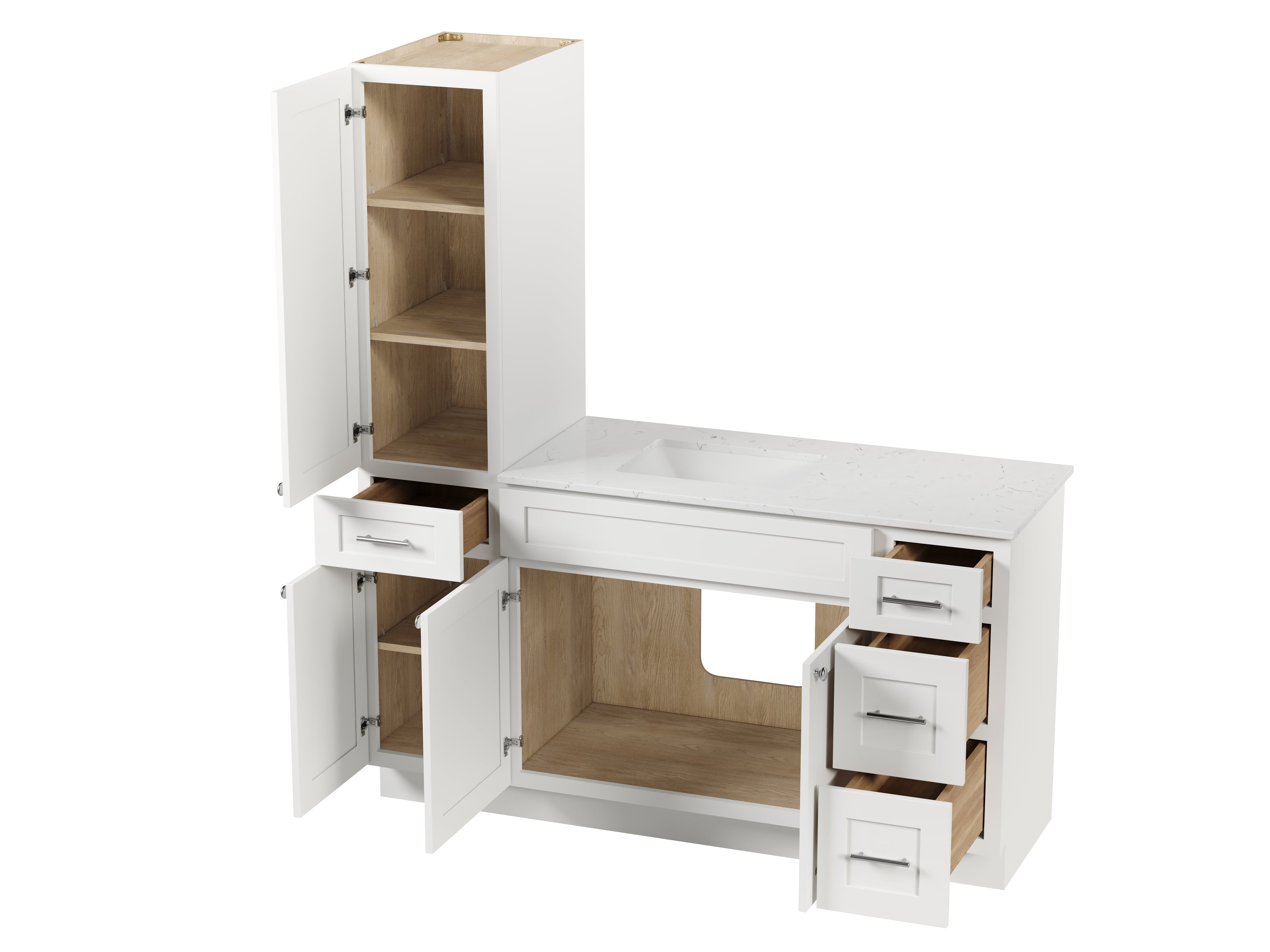 Disar 63'' Single Bathroom Vanity With Left Linen Tall Cabinet Dovetail Solid Wood Drawer Carrara Quartz Top