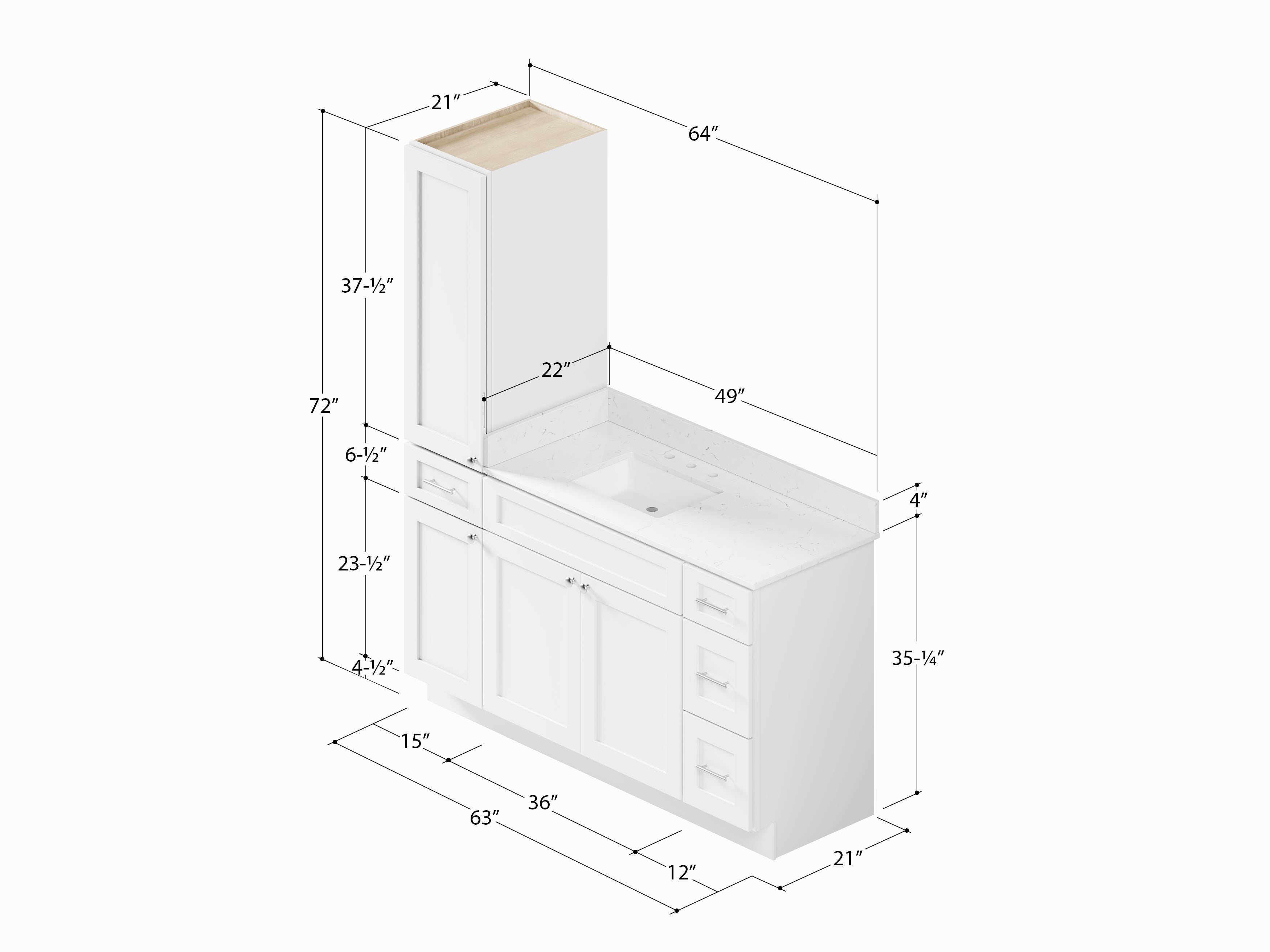 Disar 63'' Single Bathroom Vanity With Left Linen Tall Cabinet Dovetail Solid Wood Drawer Carrara Quartz Top