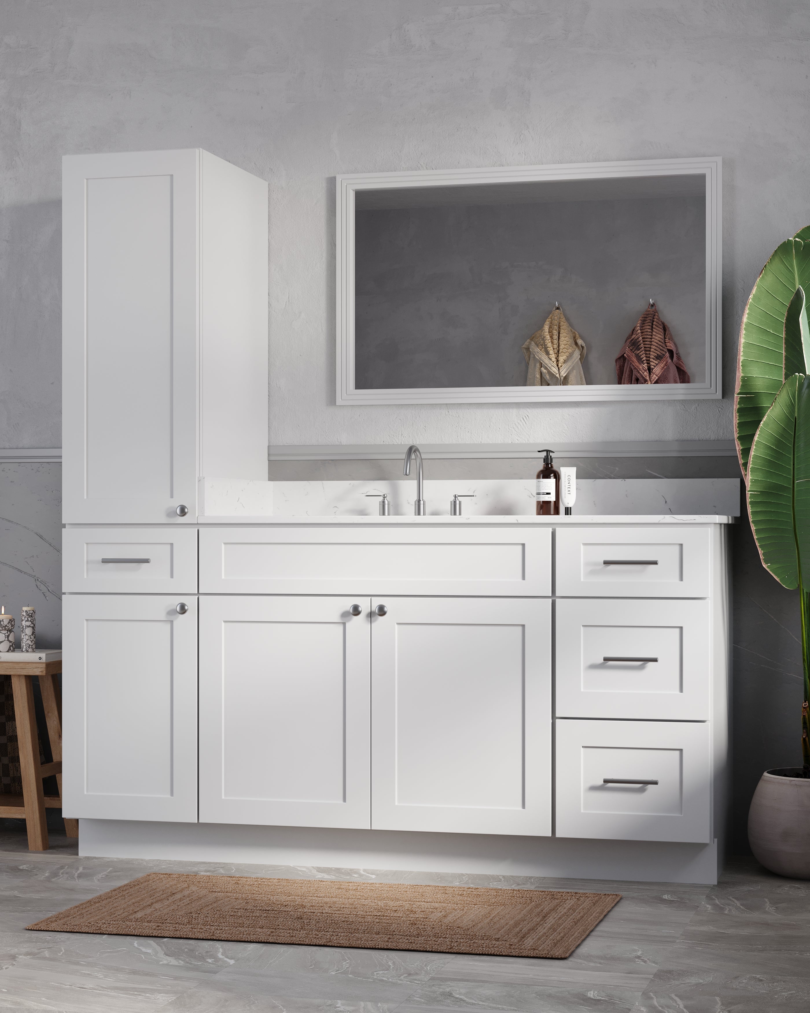 Disar 66' Single Bathroom Vanity With Left Linen Tall Cabinet Dovetail Solid Wood Drawer Carrara Quartz Top