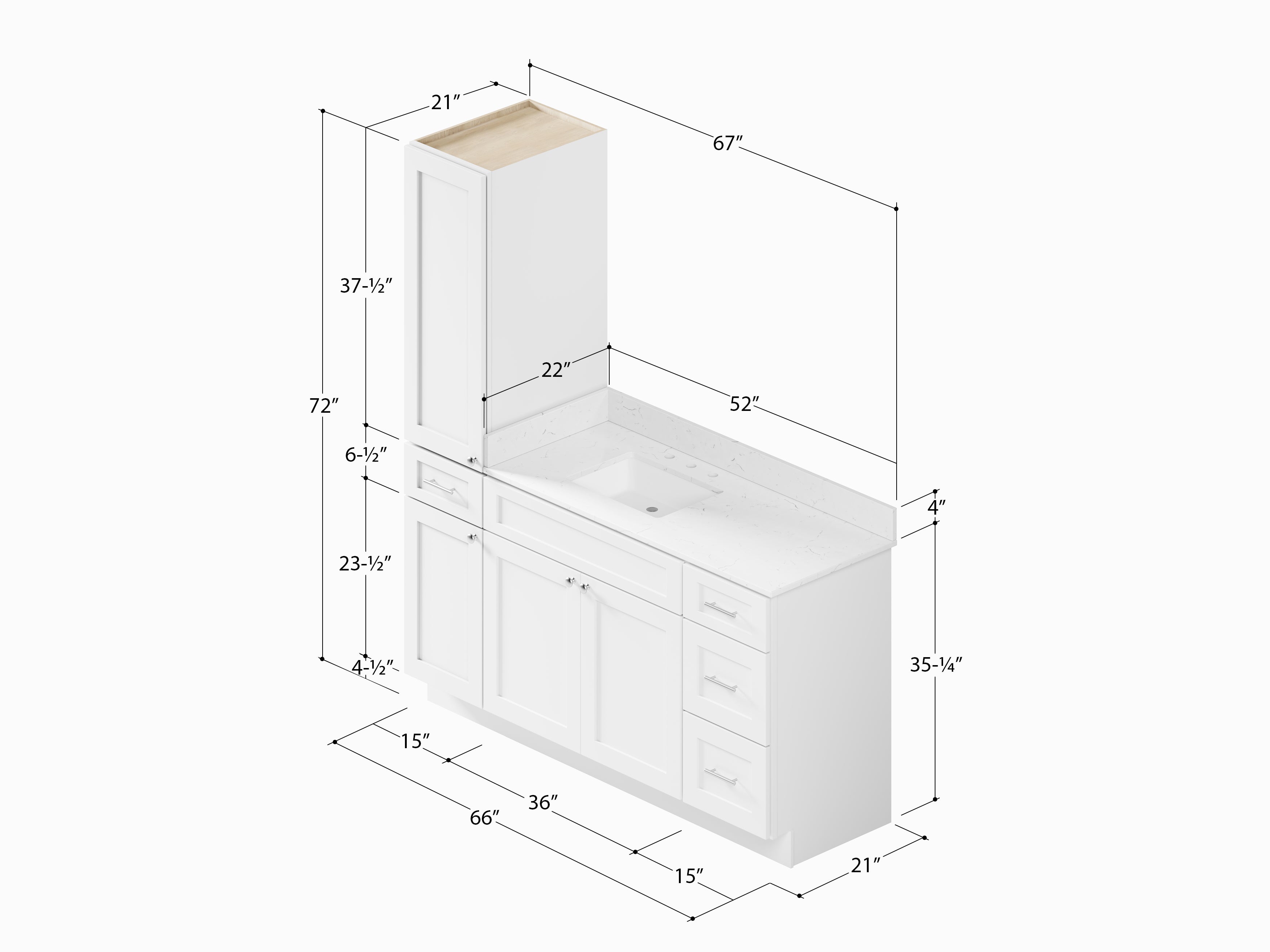 Disar 66' Single Bathroom Vanity With Left Linen Tall Cabinet Dovetail Solid Wood Drawer Carrara Quartz Top
