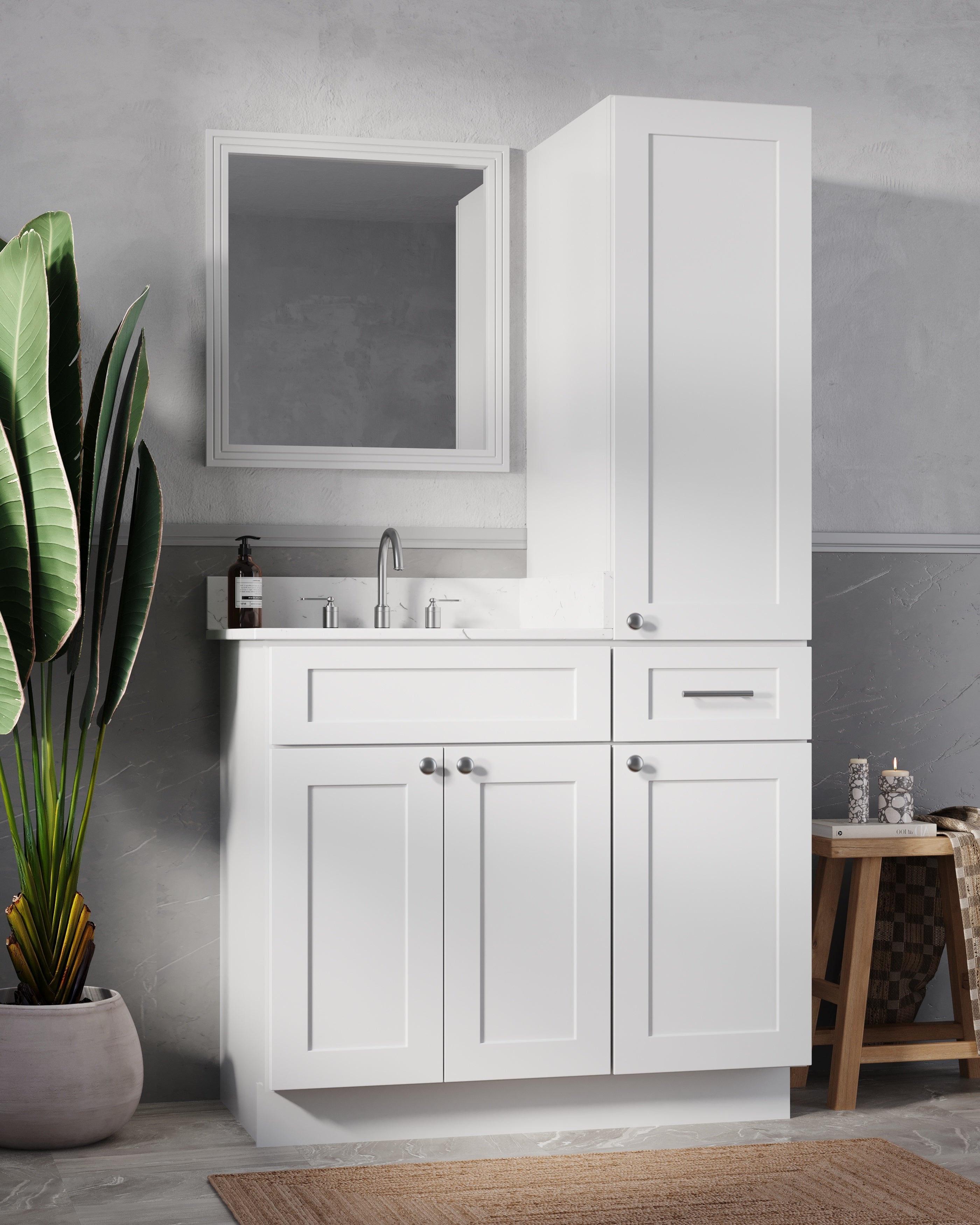 Disar 39'' Single Bathroom Vanity With Right Linen Tall Cabinet Dovetail Solid Wood Drawer Carrara Quartz Top