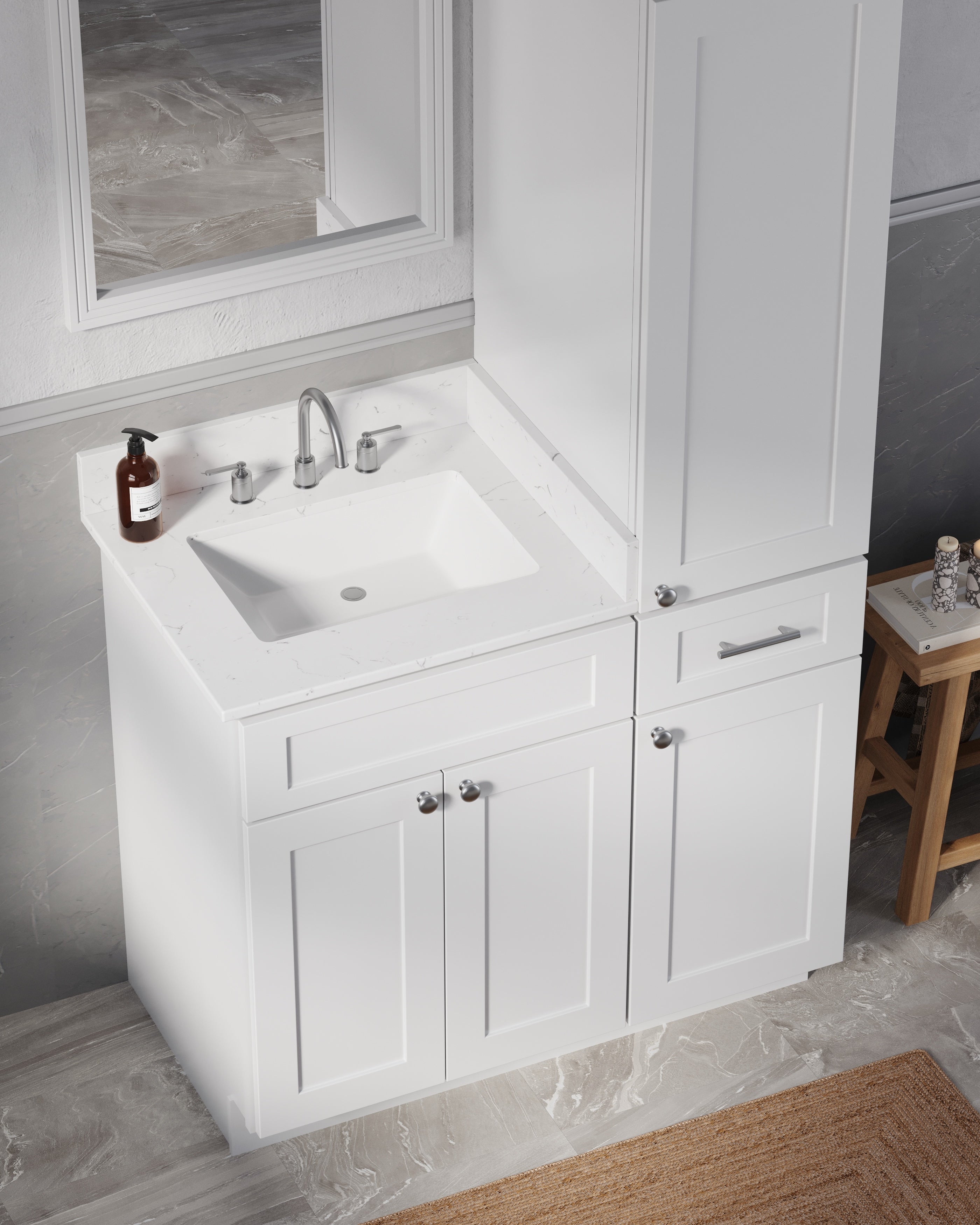 Disar 39'' Single Bathroom Vanity With Right Linen Tall Cabinet Dovetail Solid Wood Drawer Carrara Quartz Top
