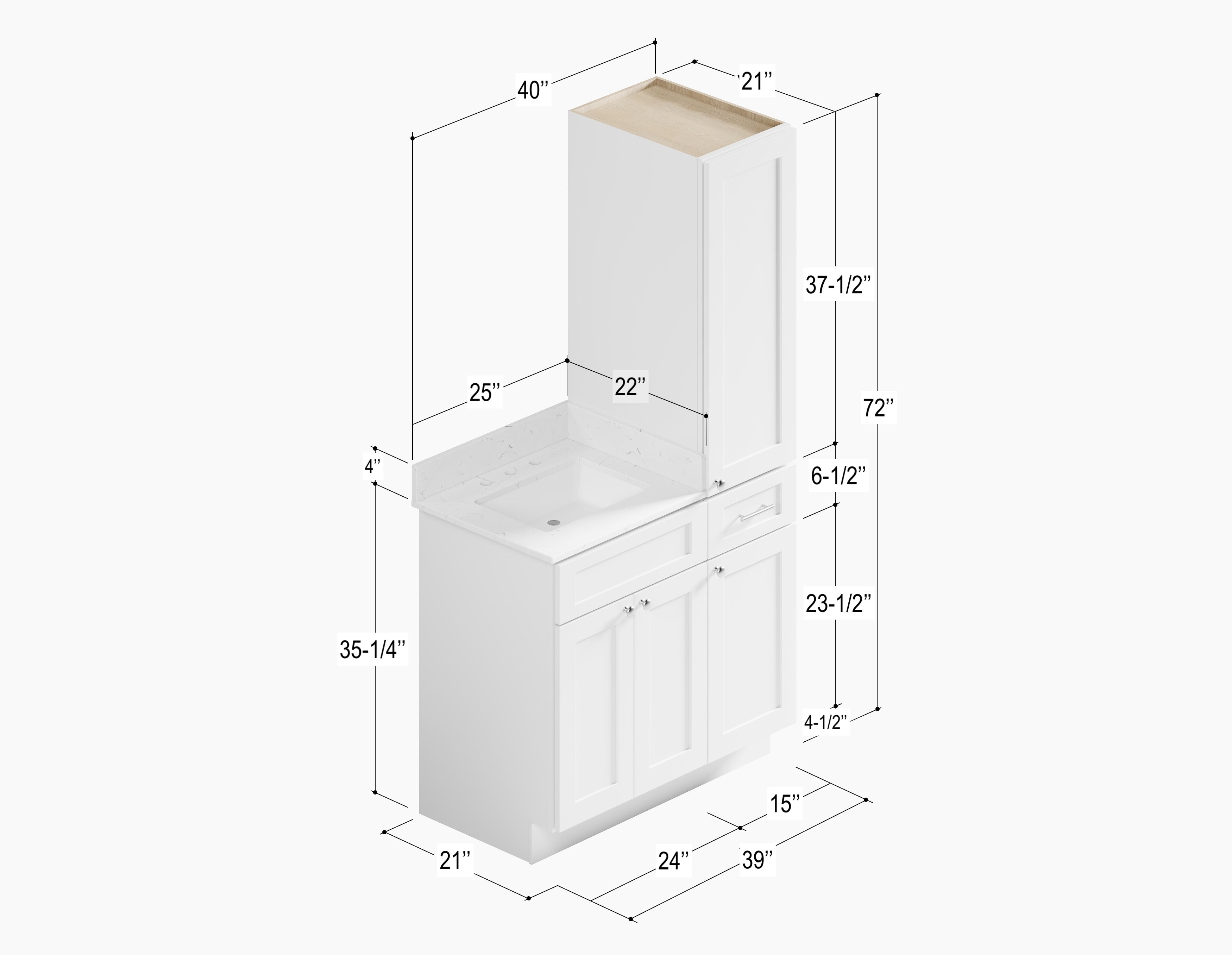 Disar 39'' Single Bathroom Vanity With Right Linen Tall Cabinet Dovetail Solid Wood Drawer Carrara Quartz Top