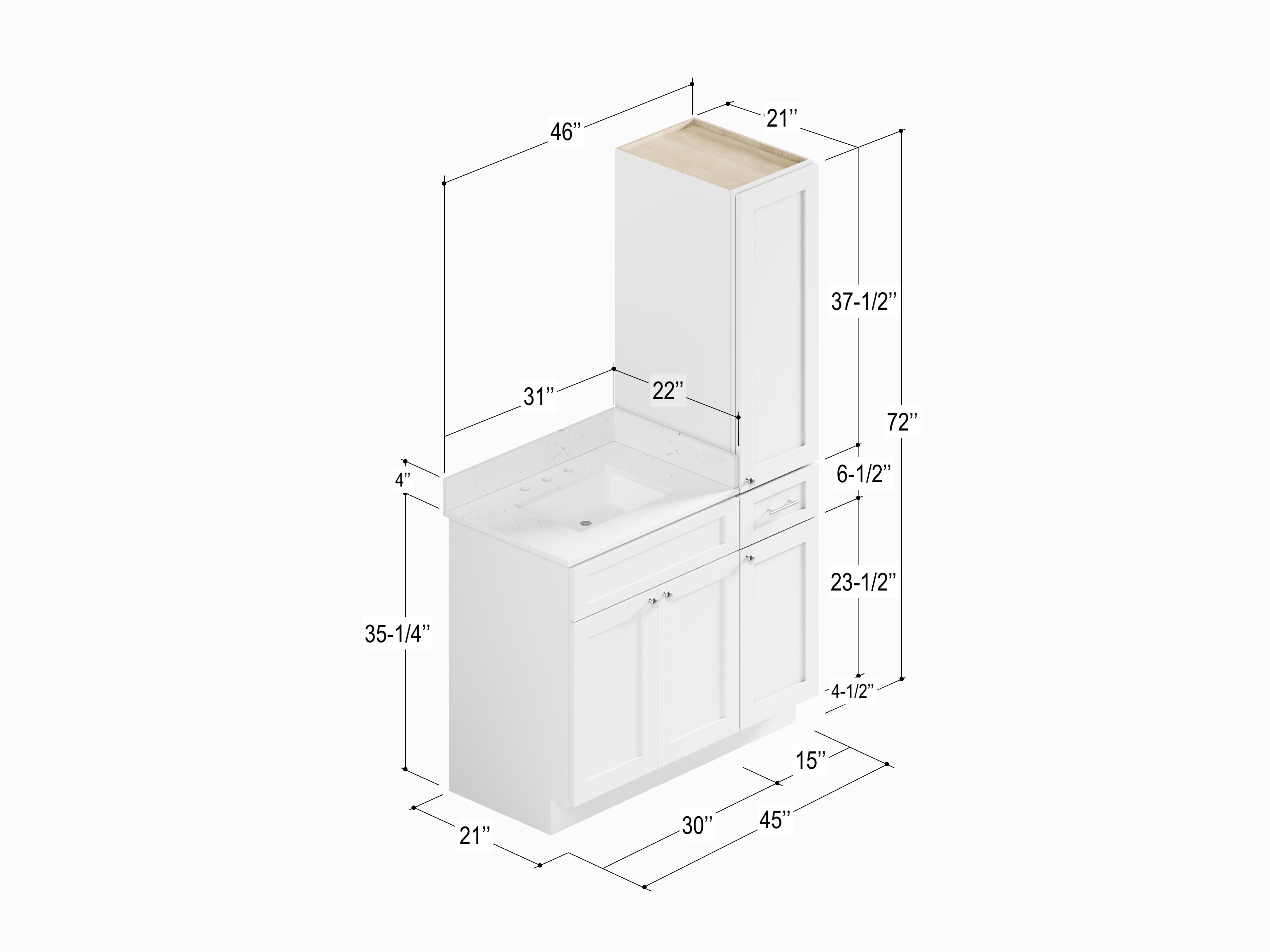 Disar 45'' Single Bathroom Vanity With Right Linen Tall Cabinet Dovetail Solid Wood Drawer Carrara Quartz Top
