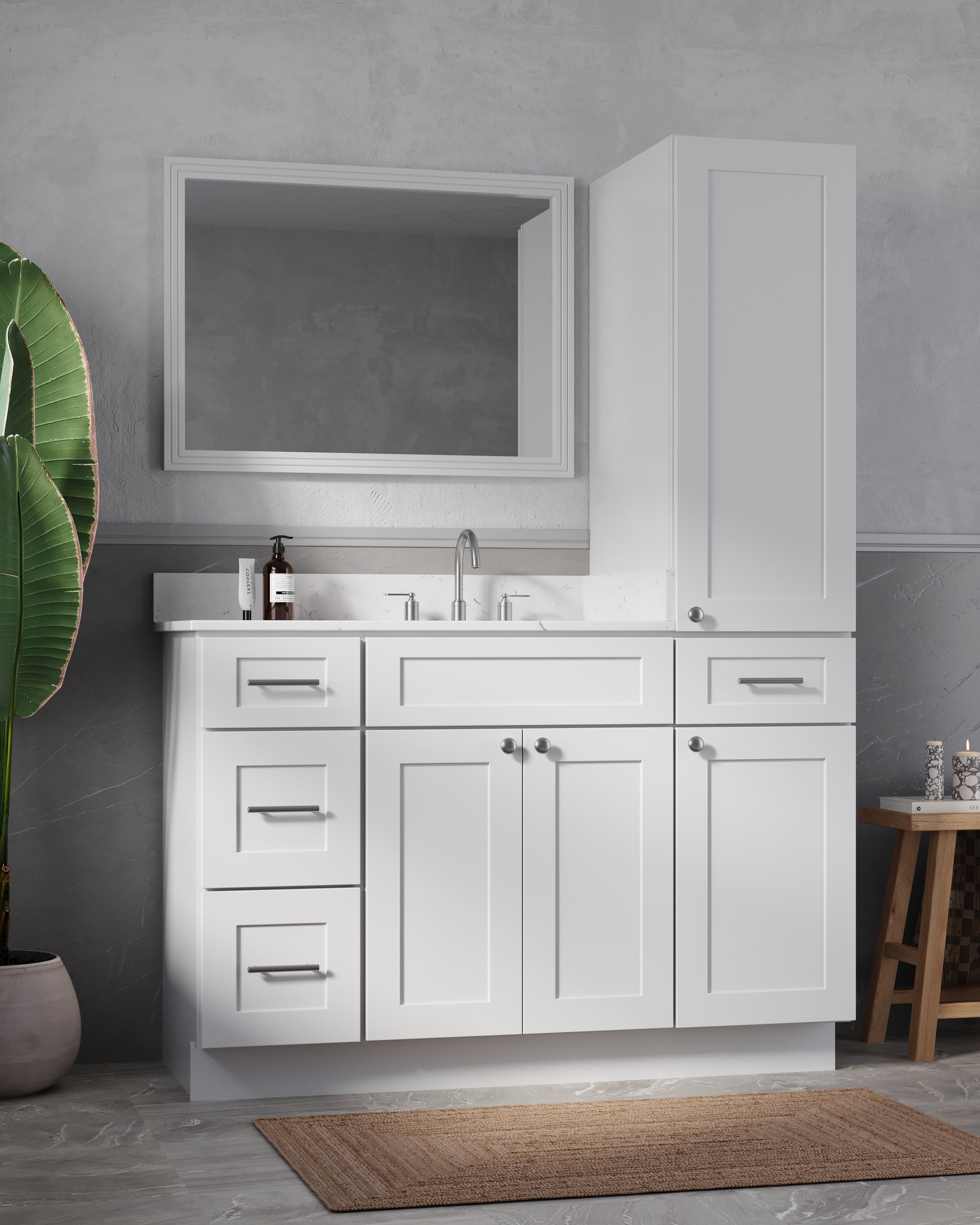 Disar 51'' Single Bathroom Vanity With Right Linen Tall Cabinet Dovetail Solid Wood Drawer Carrara Quartz Top