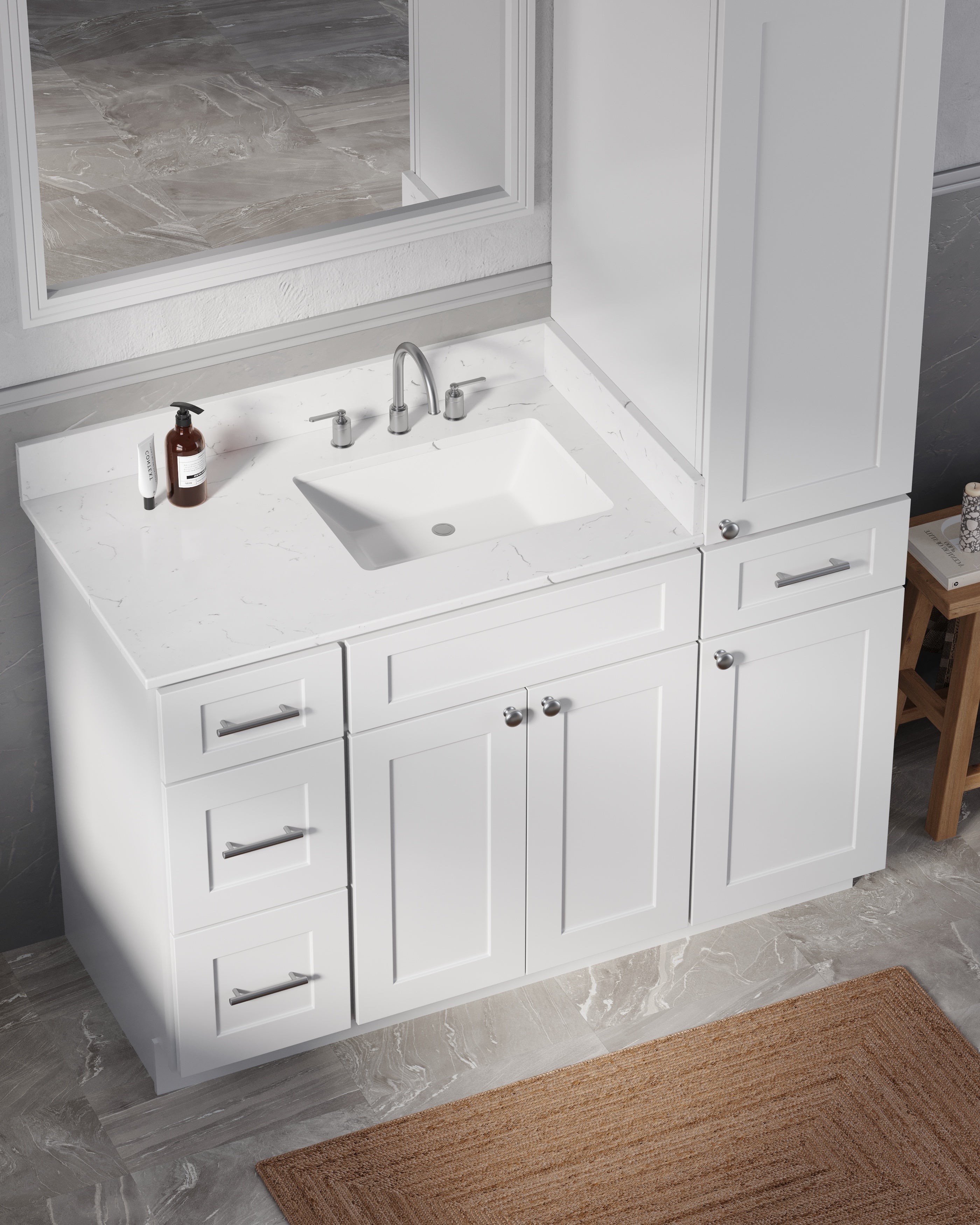 Disar 51'' Single Bathroom Vanity With Right Linen Tall Cabinet Dovetail Solid Wood Drawer Carrara Quartz Top