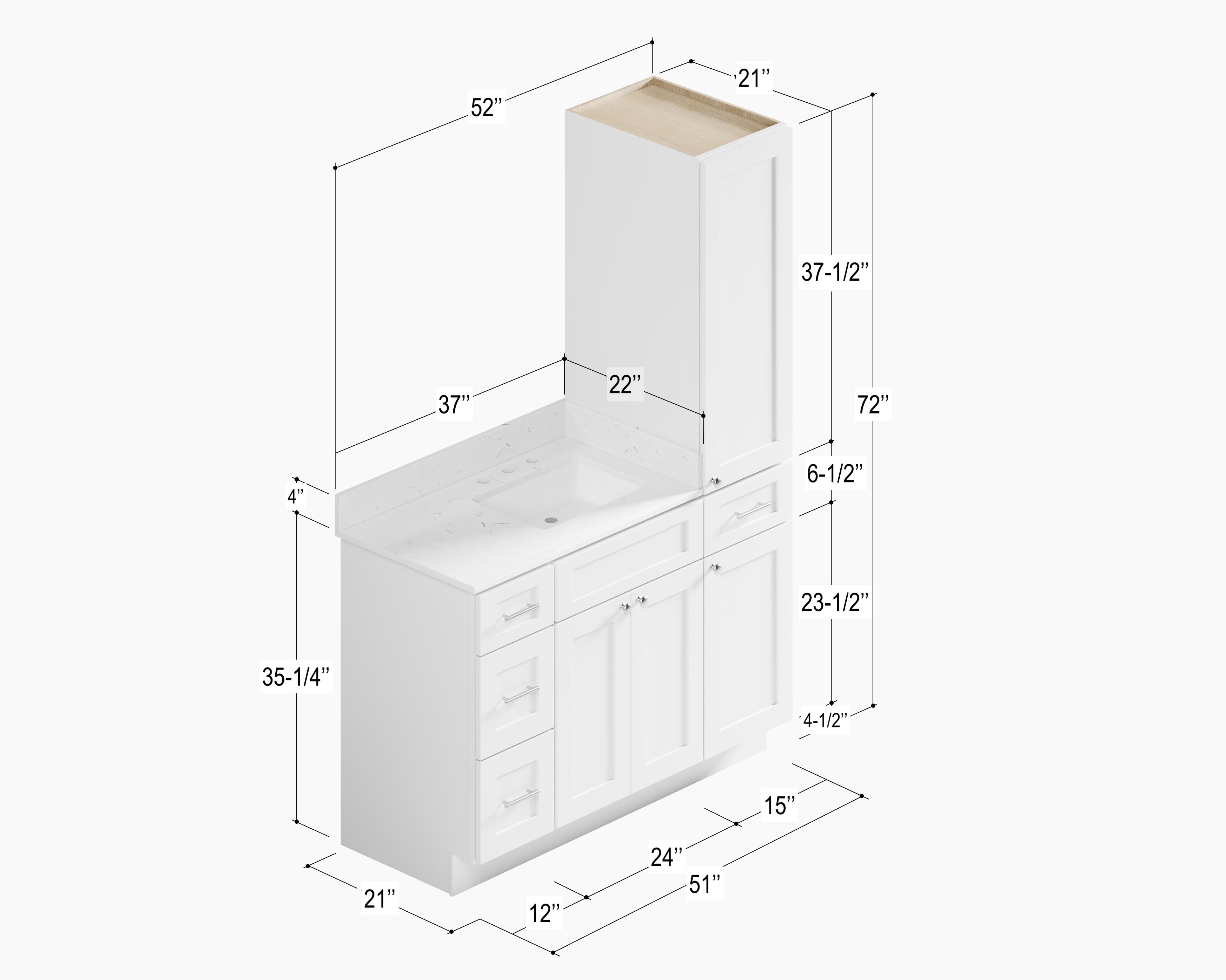 Disar 51'' Single Bathroom Vanity With Right Linen Tall Cabinet Dovetail Solid Wood Drawer Carrara Quartz Top
