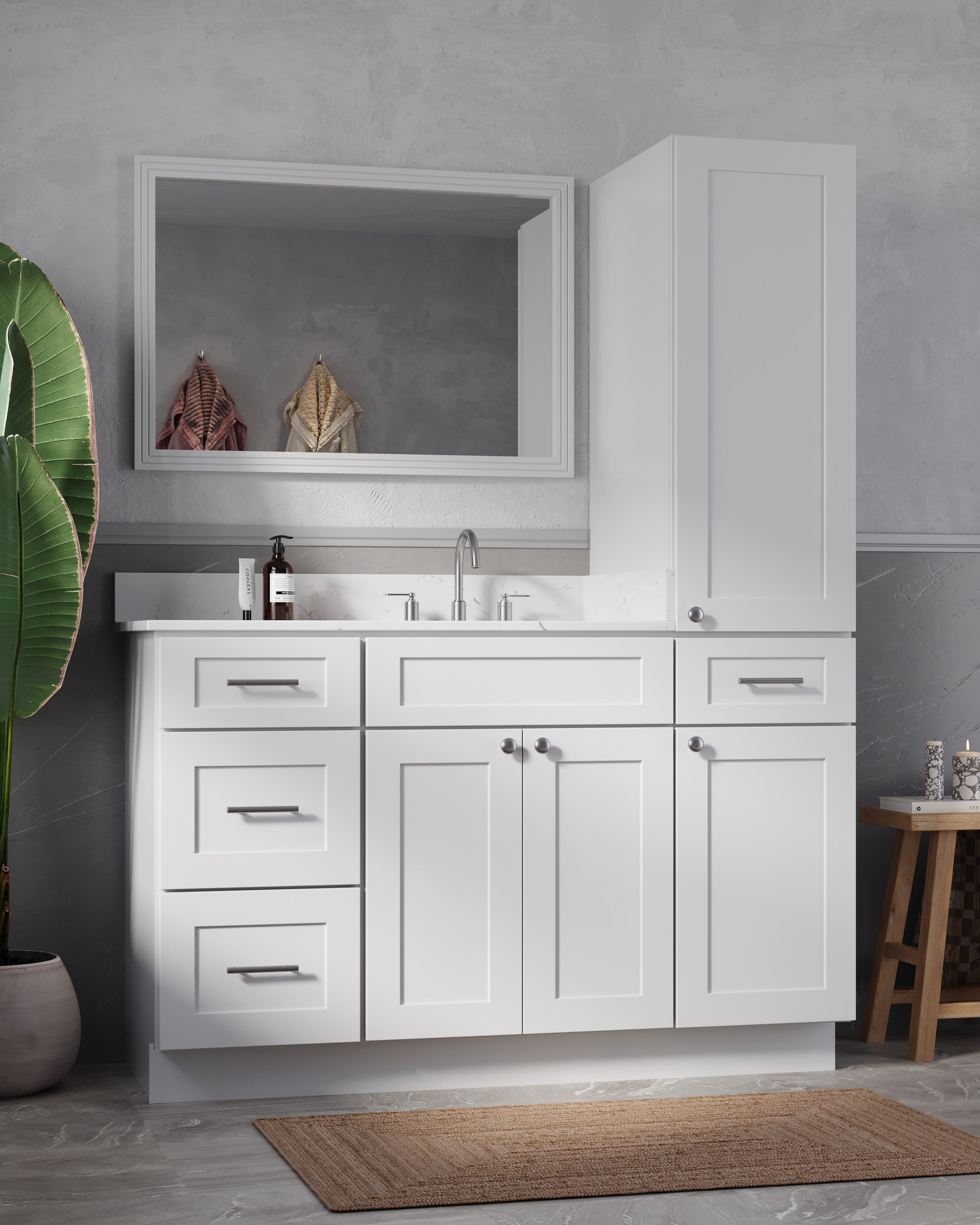 Disar 54'' Single Bathroom Vanity With Right Linen Tall Cabinet Dovetail Solid Wood Drawer Carrara Quartz Top