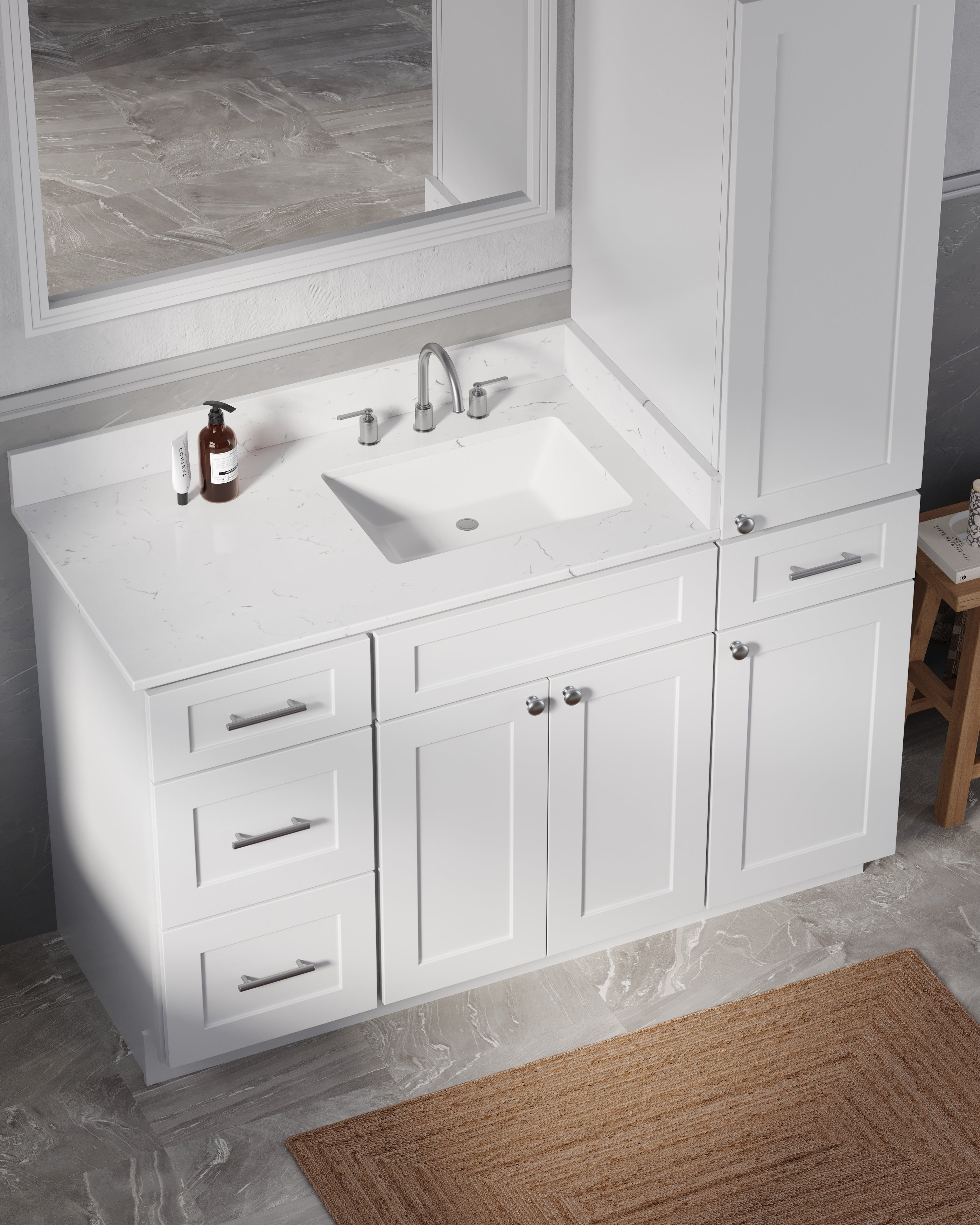 Disar 54'' Single Bathroom Vanity With Right Linen Tall Cabinet Dovetail Solid Wood Drawer Carrara Quartz Top
