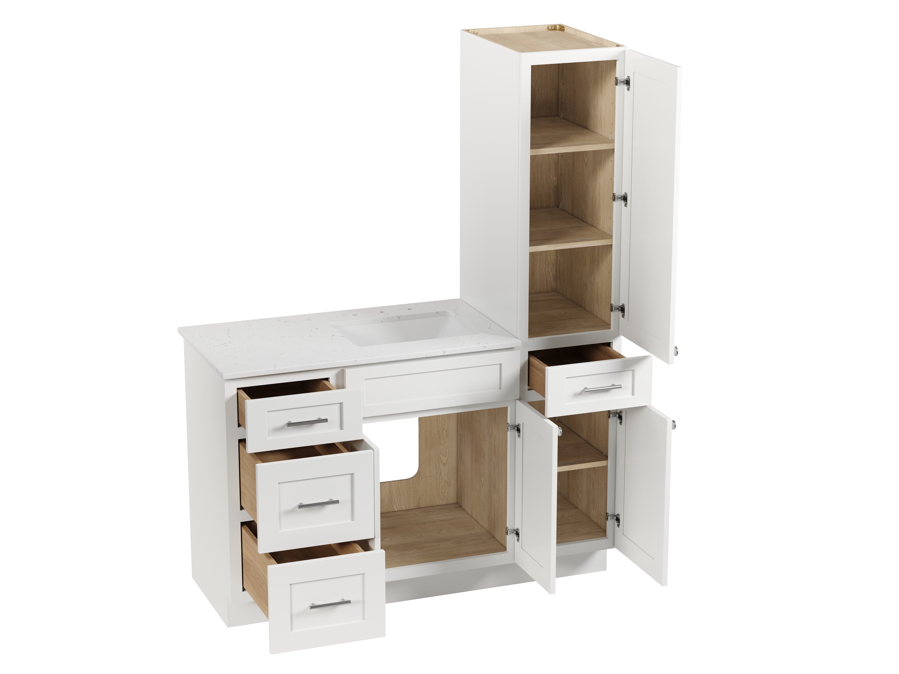 Disar 54'' Single Bathroom Vanity With Right Linen Tall Cabinet Dovetail Solid Wood Drawer Carrara Quartz Top