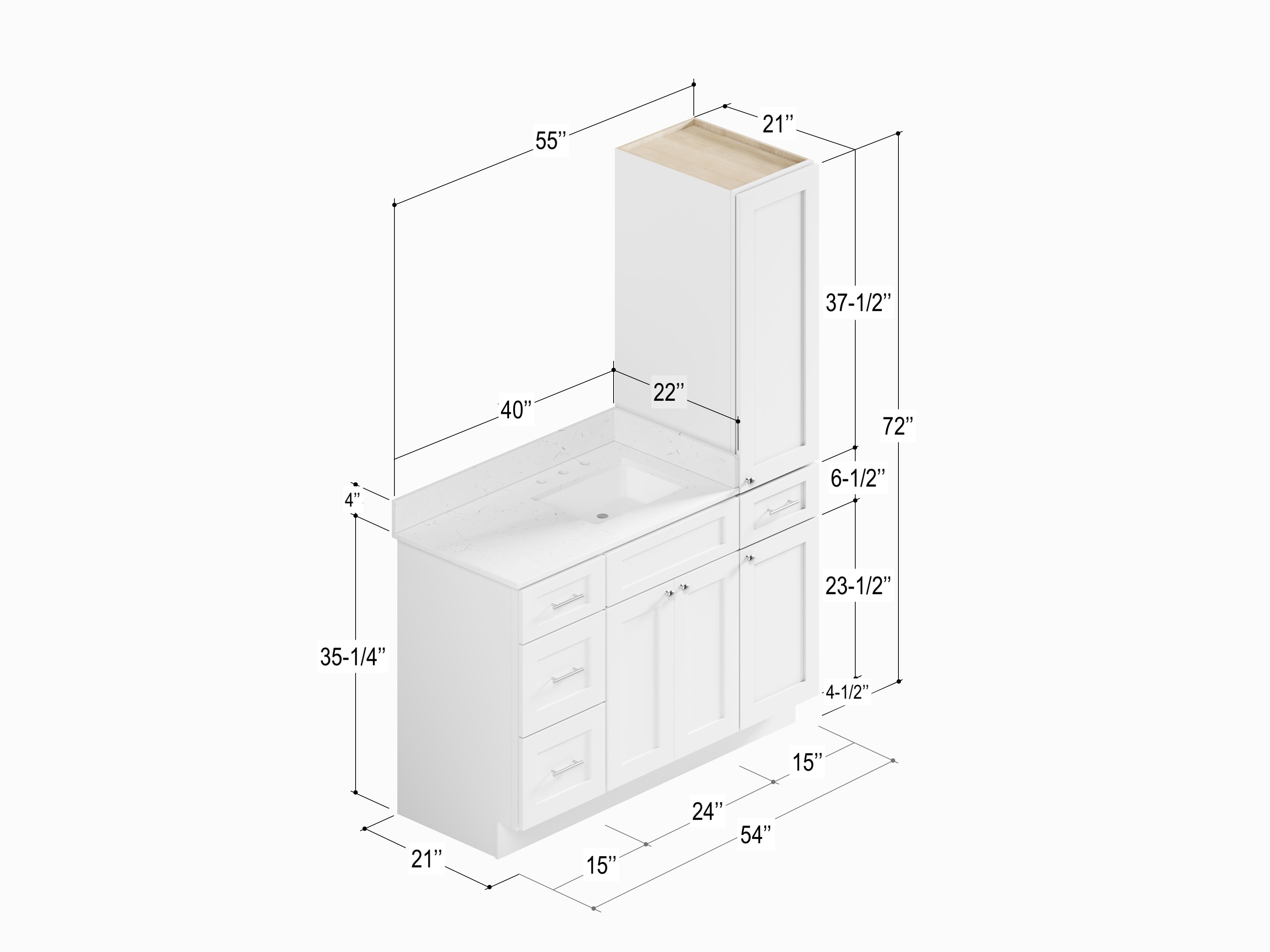 Disar 54'' Single Bathroom Vanity With Right Linen Tall Cabinet Dovetail Solid Wood Drawer Carrara Quartz Top