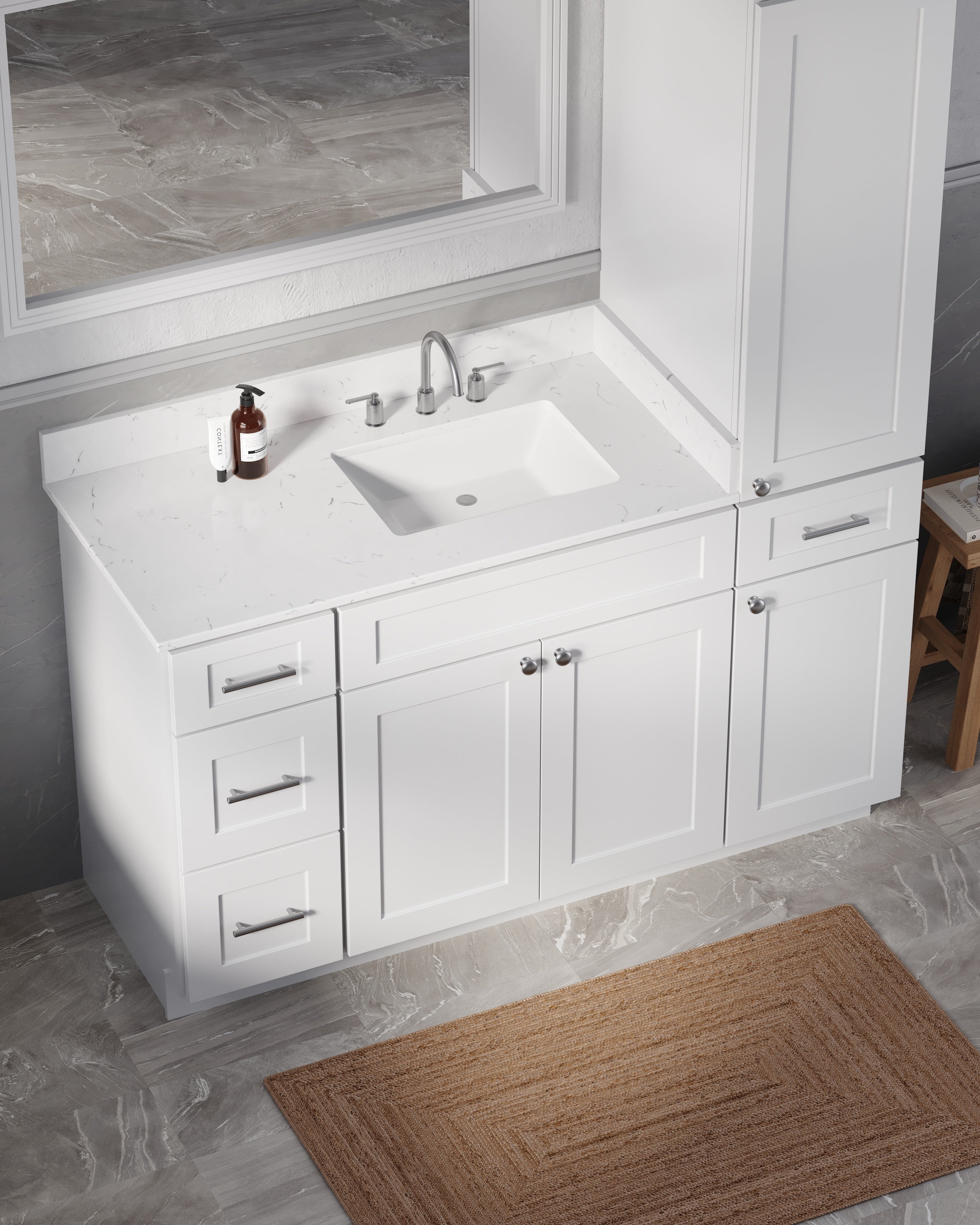 Disar 57" Single Bathroom Vanity With Right Linen Tall Cabinet Dovetail Solid Wood Drawer Carrara Quartz Top