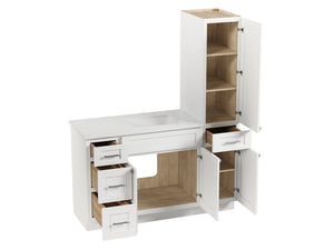Disar 57" Single Bathroom Vanity With Right Linen Tall Cabinet Dovetail Solid Wood Drawer Carrara Quartz Top