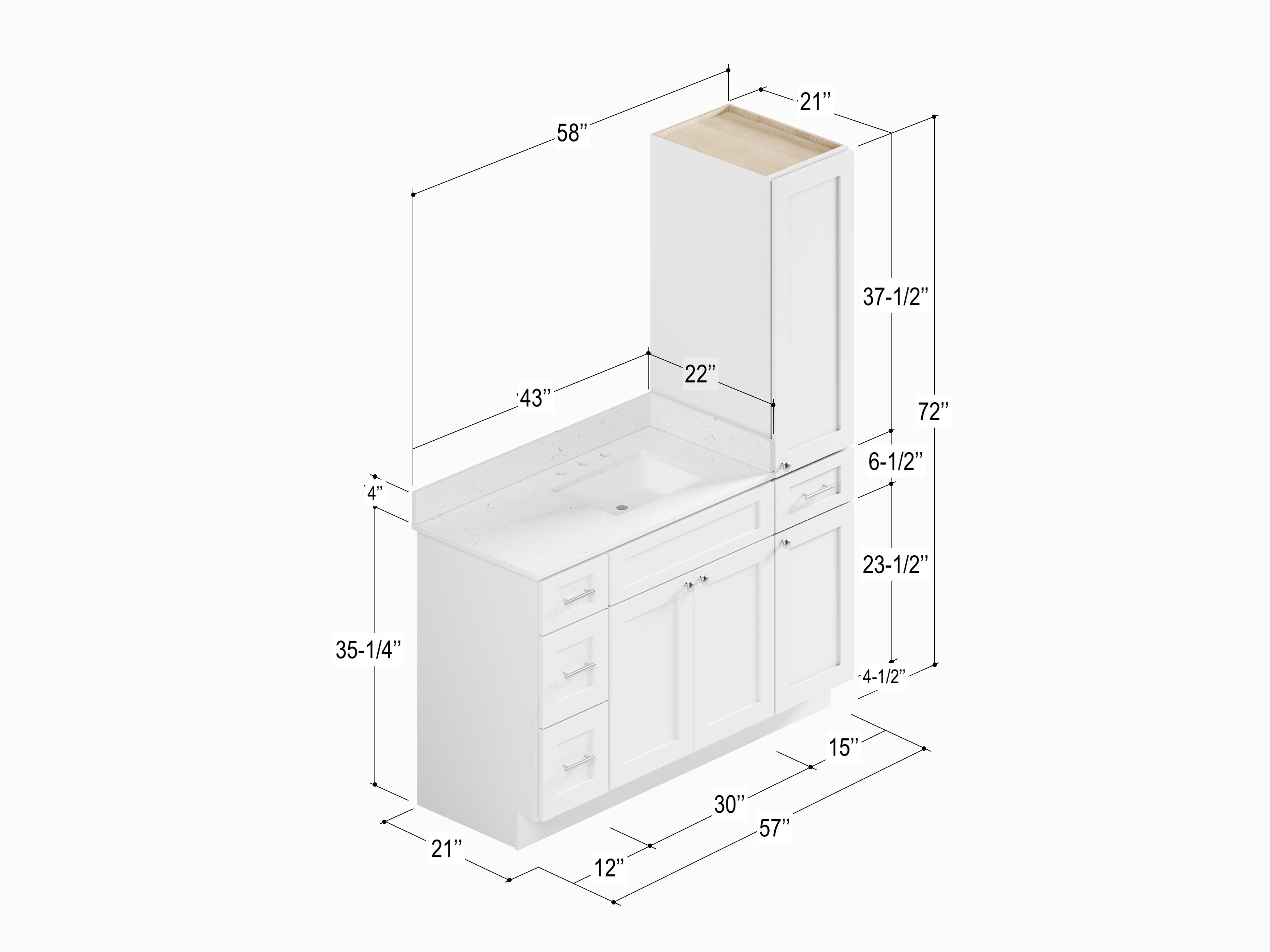 Disar 57" Single Bathroom Vanity With Right Linen Tall Cabinet Dovetail Solid Wood Drawer Carrara Quartz Top