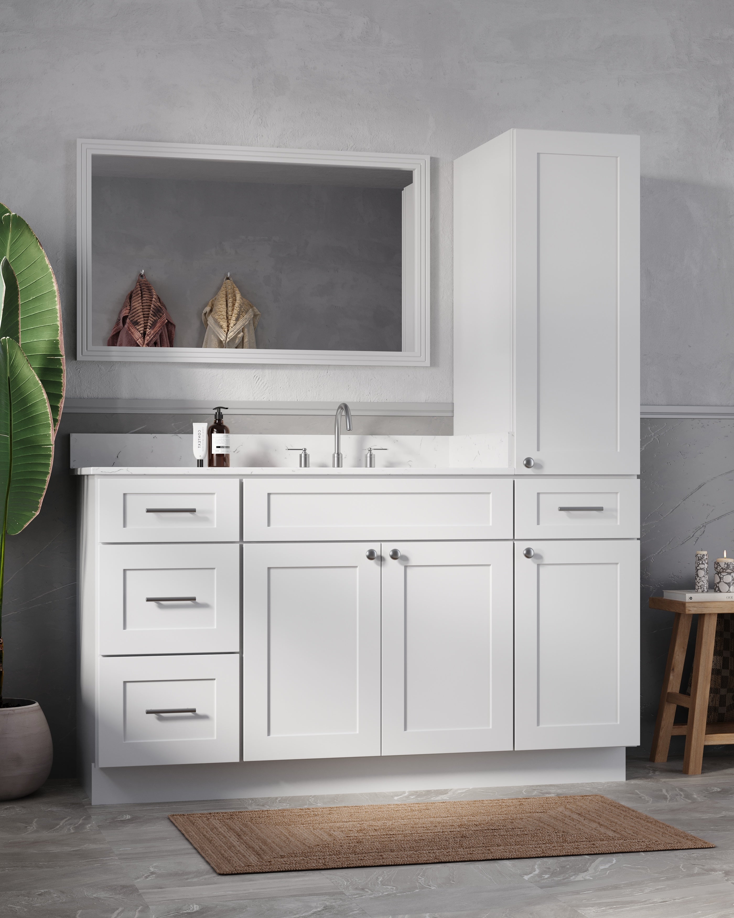 Disar 60'' Single Bathroom Vanity With Right Linen Tall Cabinet Dovetail Solid Wood Drawer Carrara Quartz Top