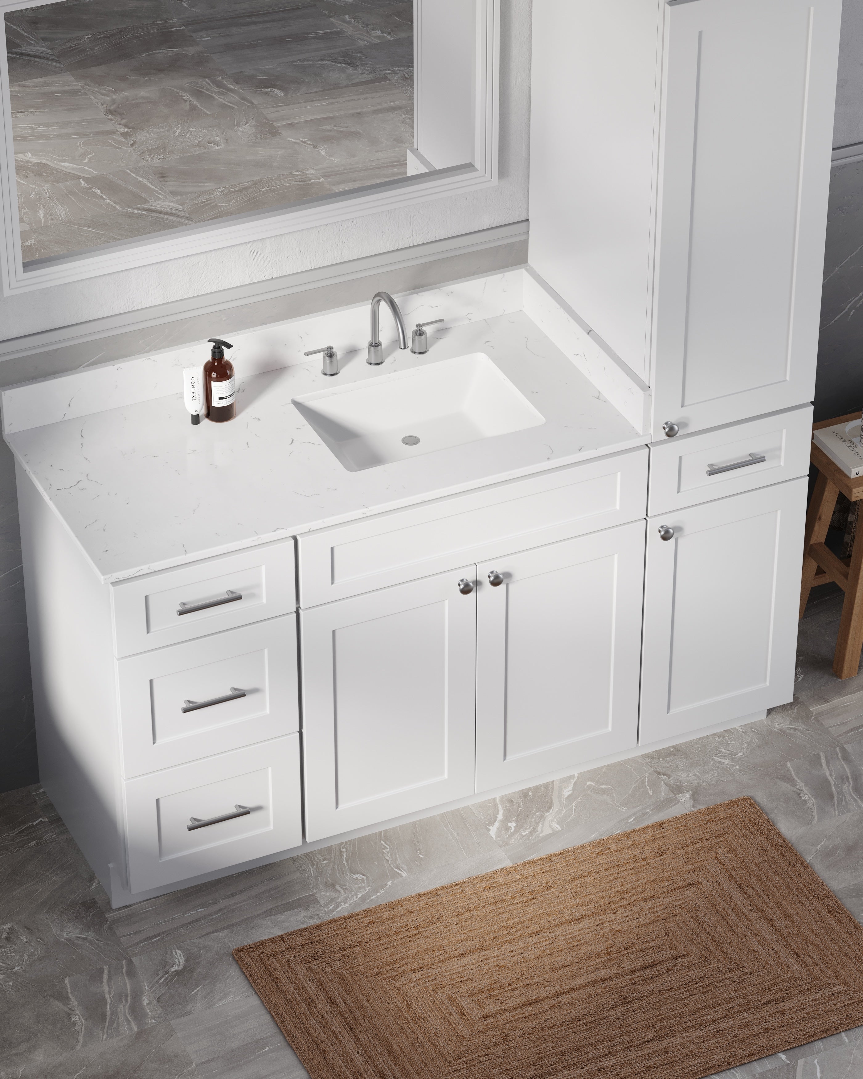 Disar 60'' Single Bathroom Vanity With Right Linen Tall Cabinet Dovetail Solid Wood Drawer Carrara Quartz Top