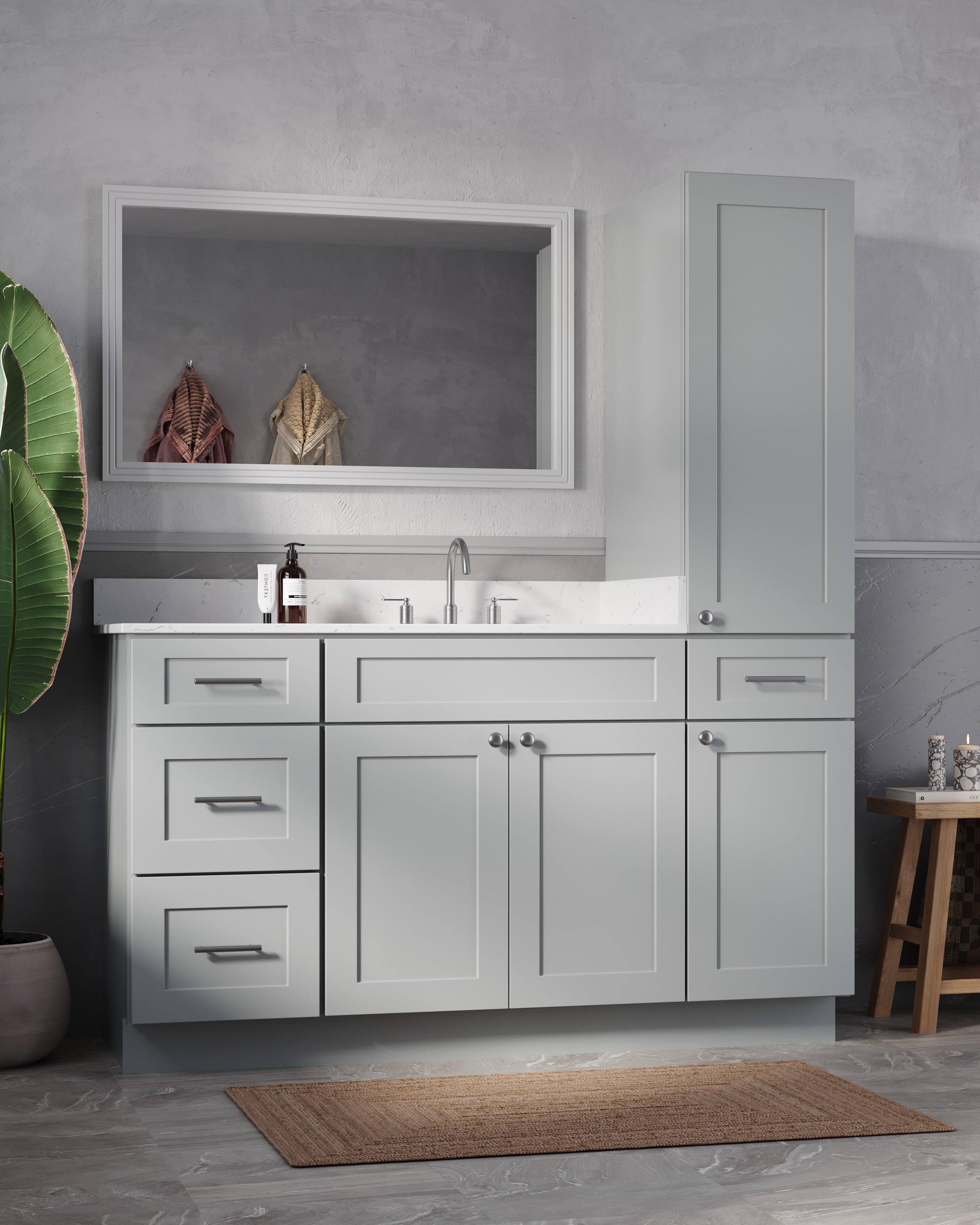 Disar 60'' Single Bathroom Vanity With Right Linen Tall Cabinet Dovetail Solid Wood Drawer Carrara Quartz Top
