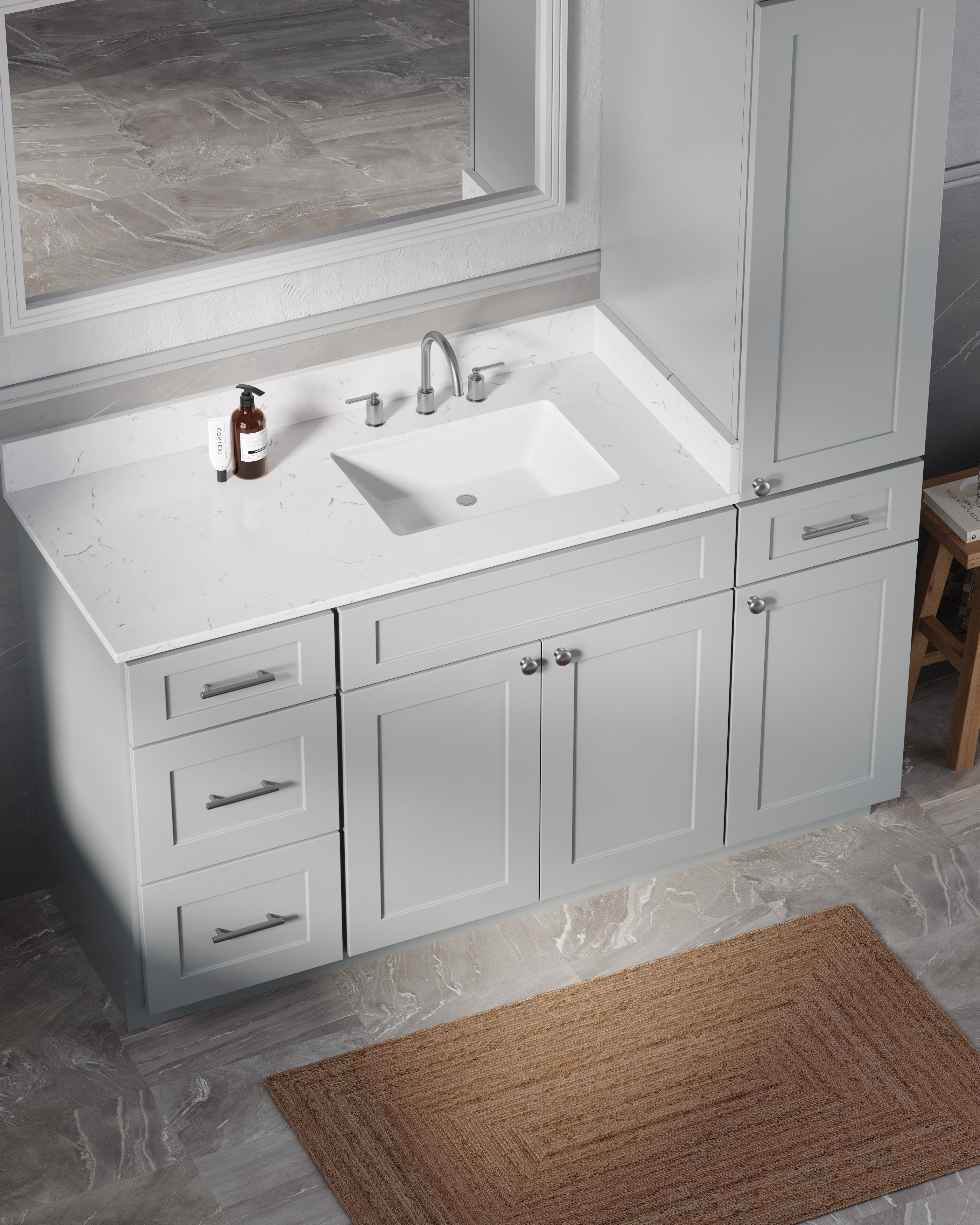 Disar 60'' Single Bathroom Vanity With Right Linen Tall Cabinet Dovetail Solid Wood Drawer Carrara Quartz Top