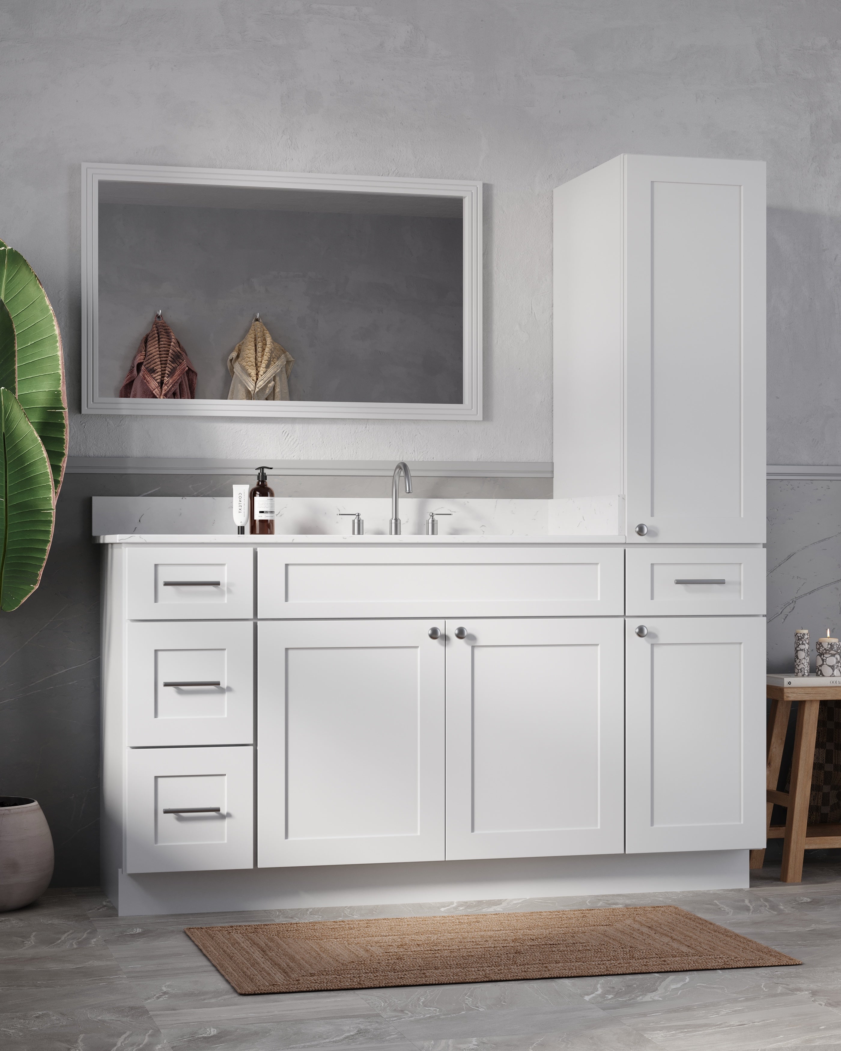 Disar 63'' Single Bathroom Vanity With Right Linen Tall Cabinet Dovetail Solid Wood Drawer Carrara Quartz Top