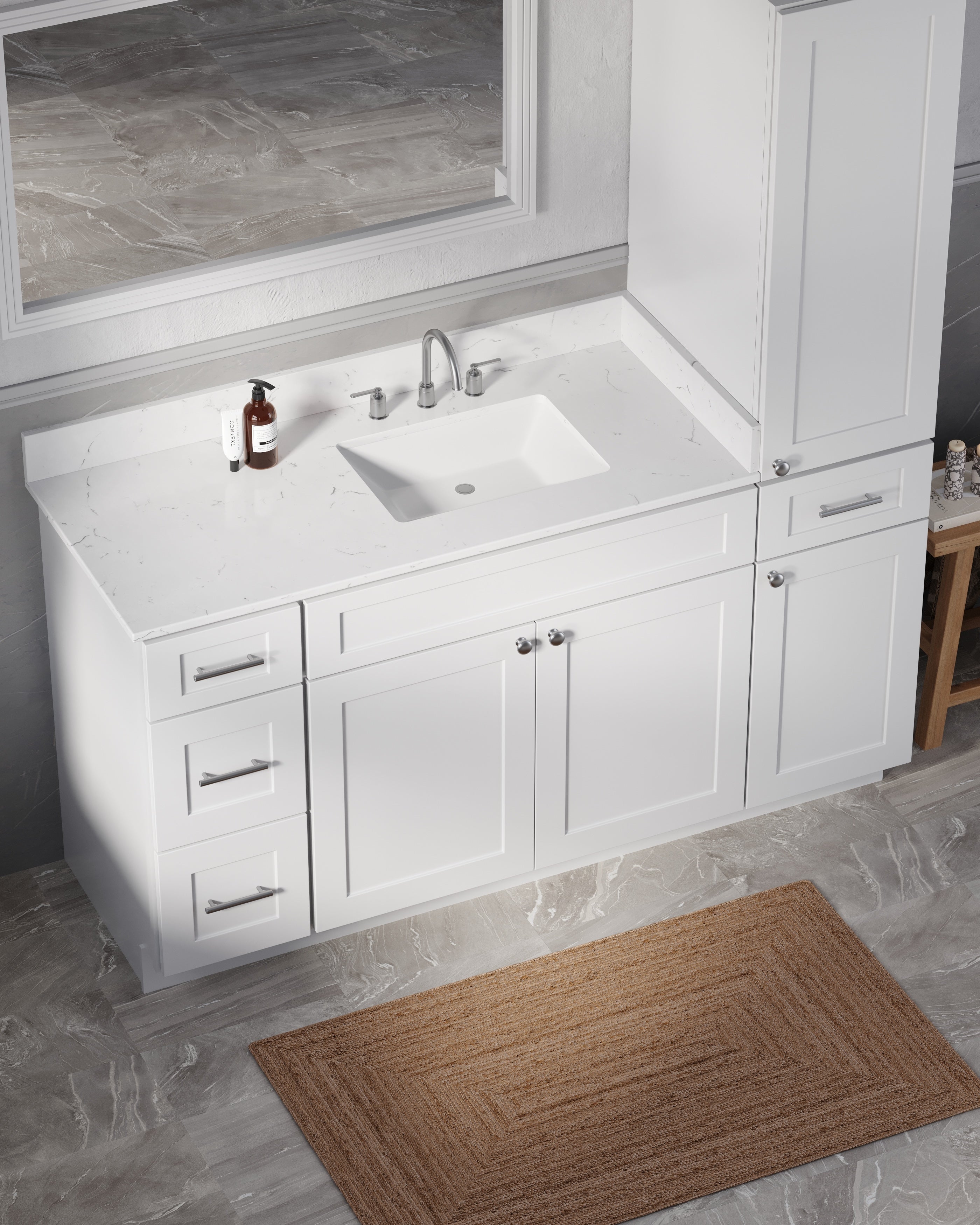 Disar 63'' Single Bathroom Vanity With Right Linen Tall Cabinet Dovetail Solid Wood Drawer Carrara Quartz Top