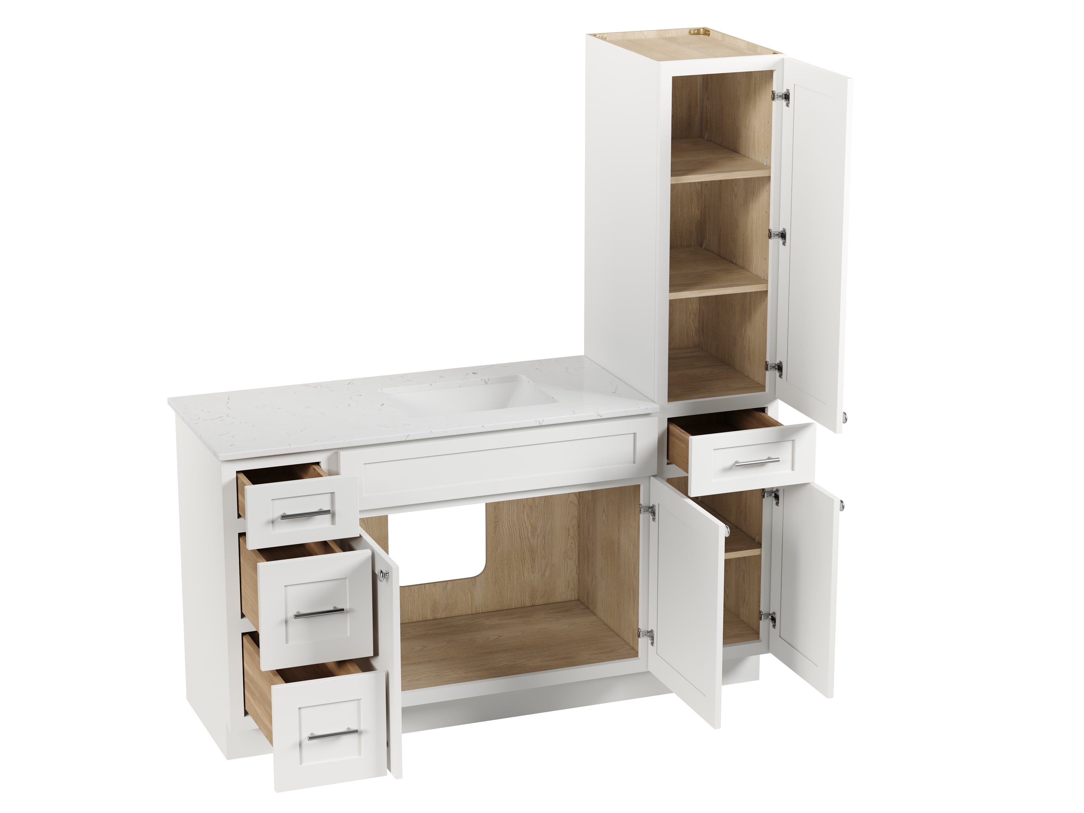 Disar 63'' Single Bathroom Vanity With Right Linen Tall Cabinet Dovetail Solid Wood Drawer Carrara Quartz Top