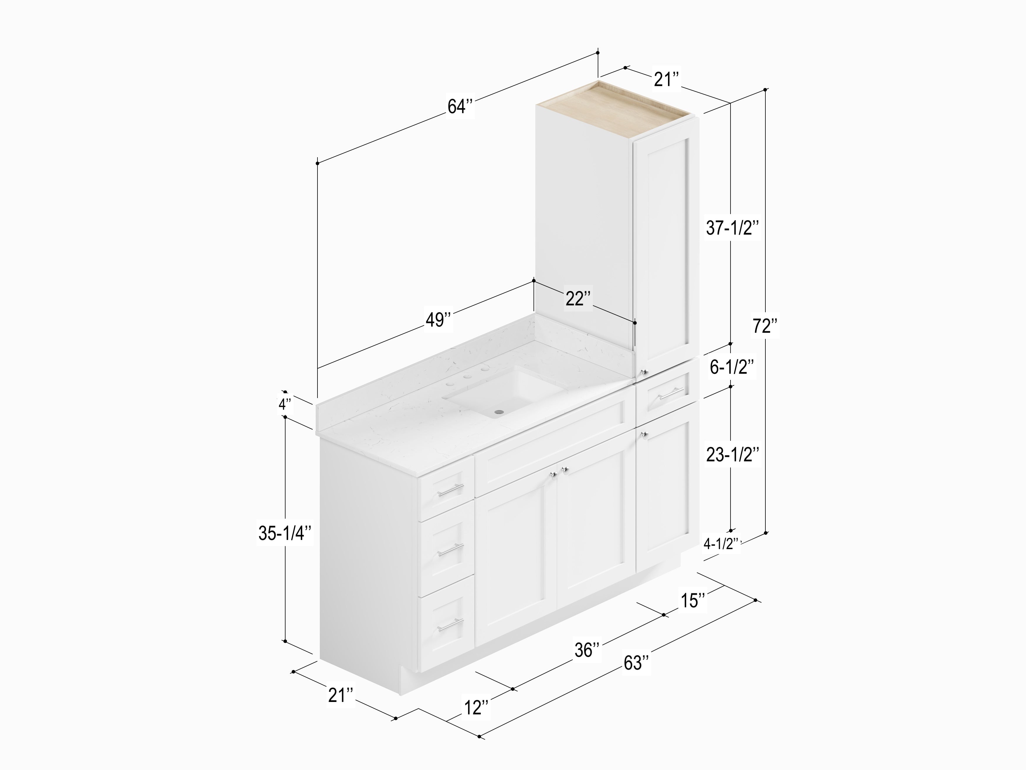 Disar 63'' Single Bathroom Vanity With Right Linen Tall Cabinet Dovetail Solid Wood Drawer Carrara Quartz Top