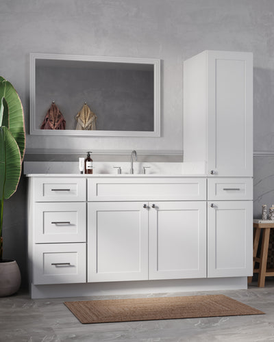 [color:White] 66'' Single Bathroom Vanity With Right Linen Tall Cabinet, Quartz Top - front view
